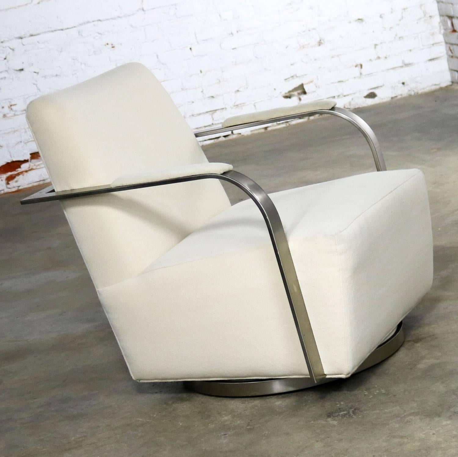 Mid-Century Modern Thayer Coggin 1086 Zac Swivel Lounge Chair White and Satin Nickel