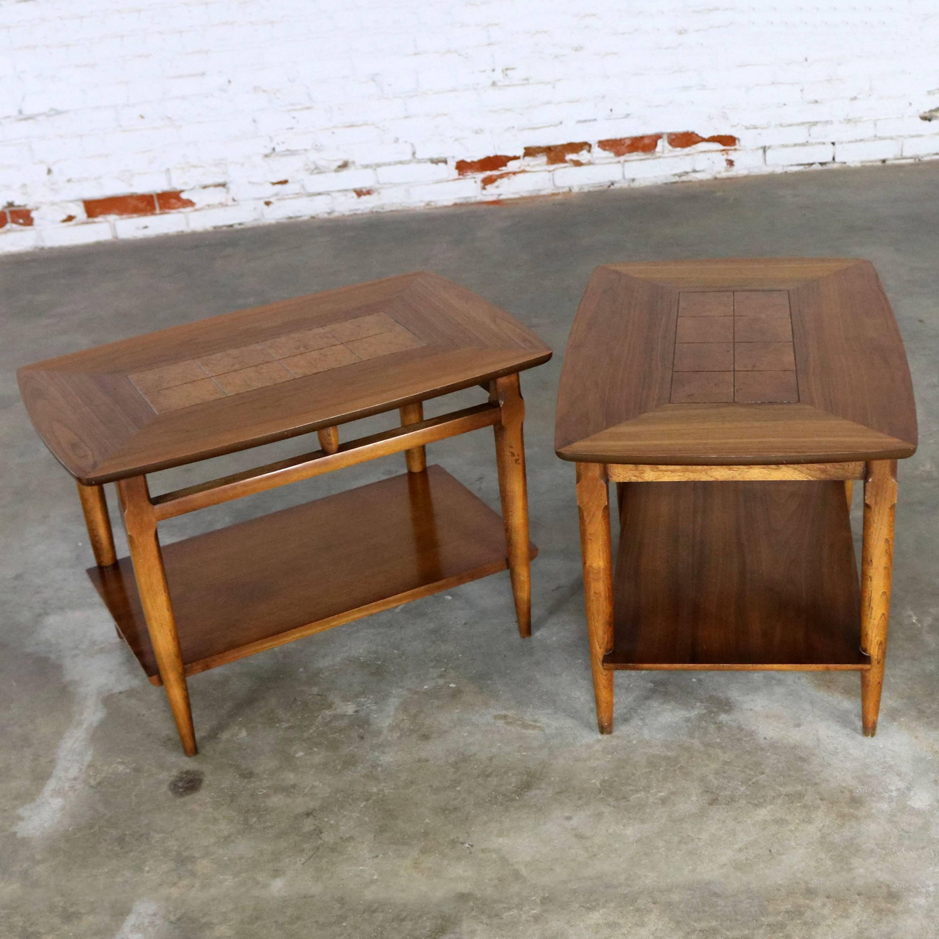 Lane Walnut End or Side Tables with Inlaid Tops Mid-Century Modern Pair #1925 1