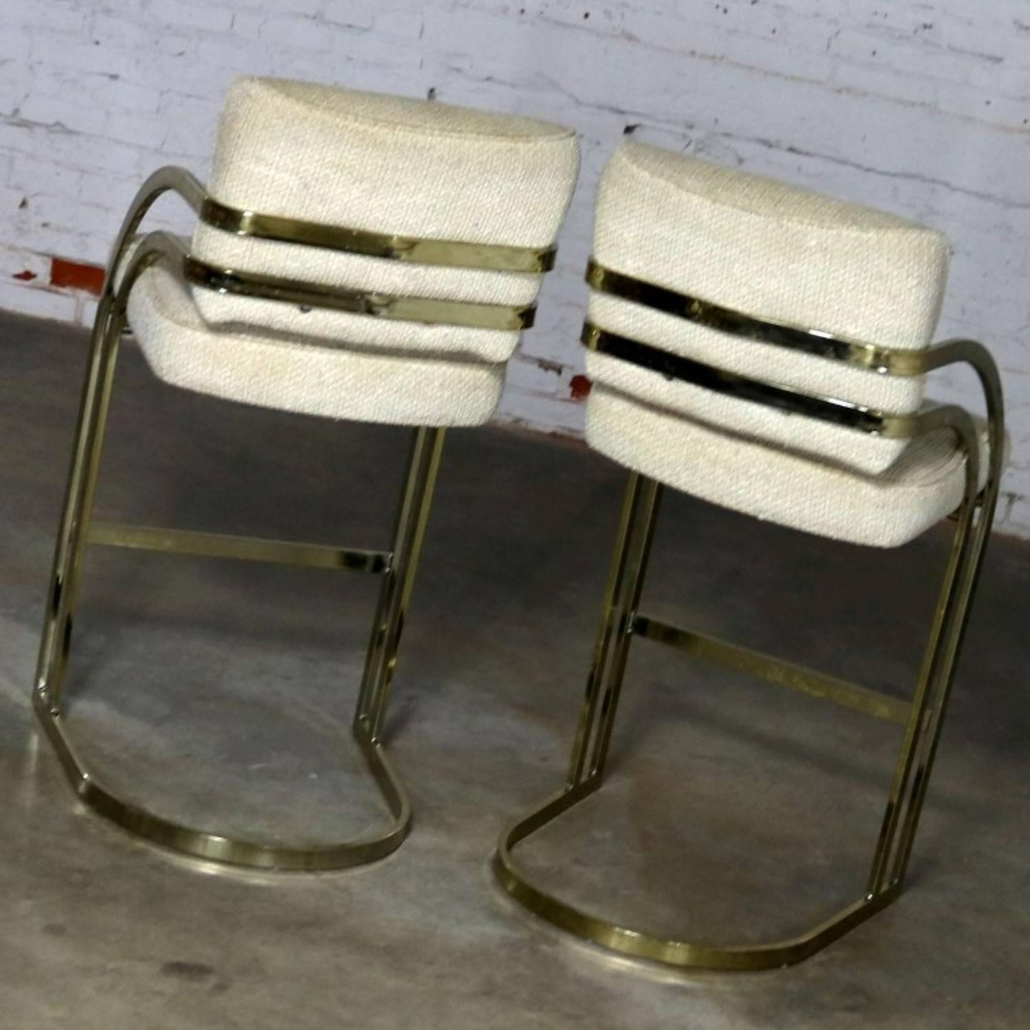 Pair of Milo Baughman Style Cantilever Brass Plated Bar Stools MCM In Good Condition In Topeka, KS