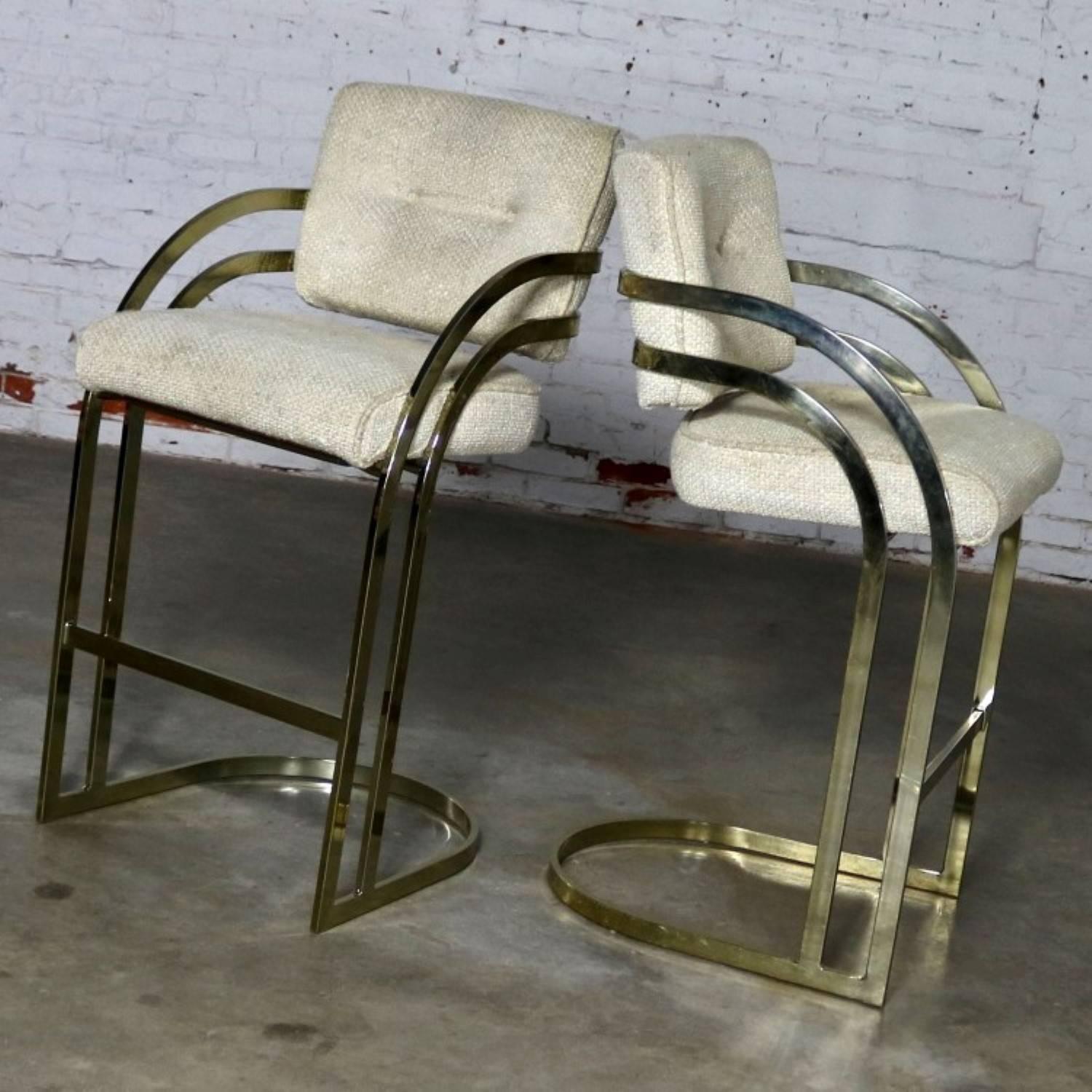 Modern Pair of Milo Baughman Style Cantilever Brass Plated Bar Stools MCM