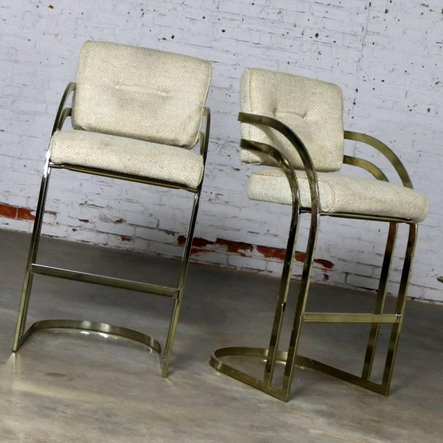 20th Century Pair of Milo Baughman Style Cantilever Brass Plated Bar Stools MCM
