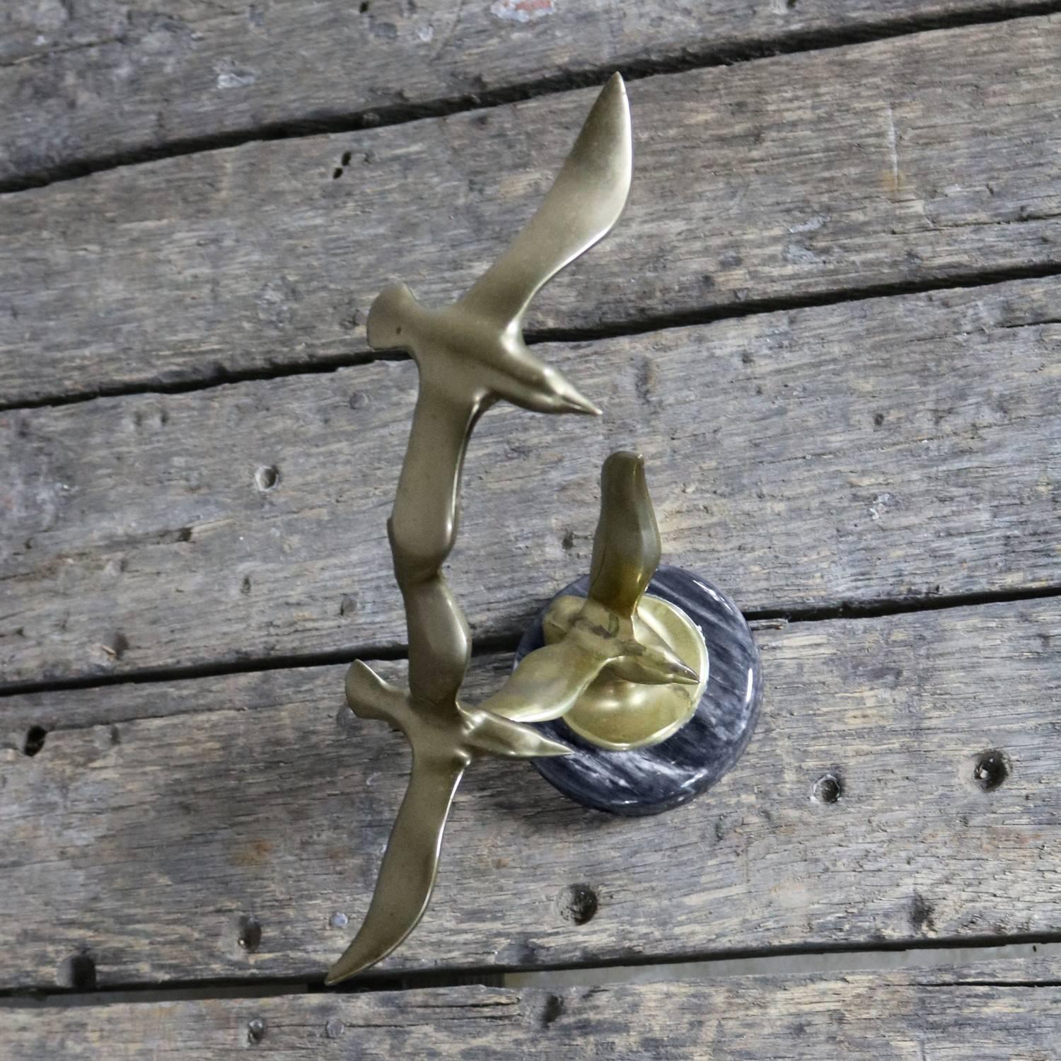 American Mid-Century Modern Brass Marble Birds in Flight Sculpture Style of C. Jere For Sale