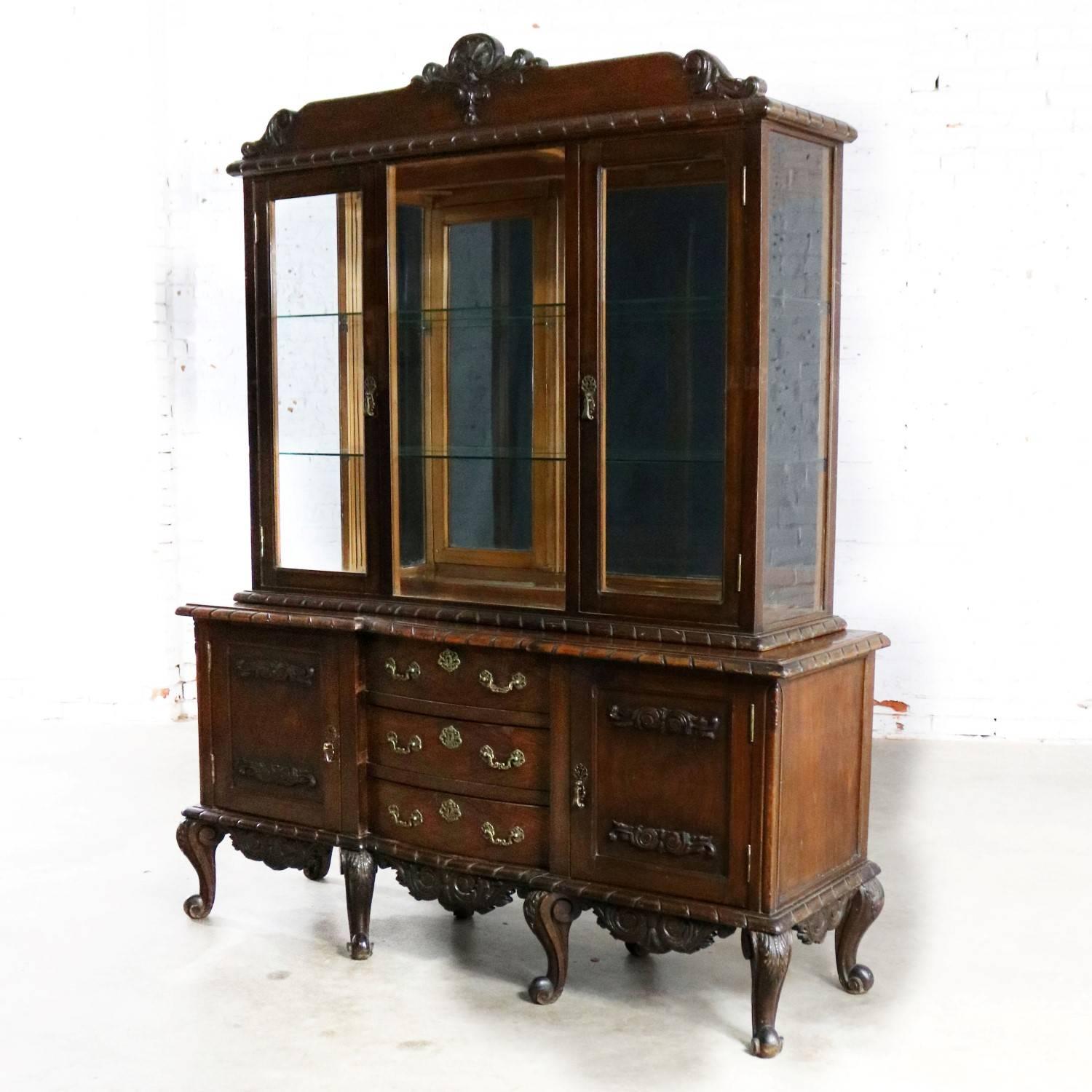 Louis XV Style Two-Piece Vitrine or China Cabinet In Fair Condition In Topeka, KS