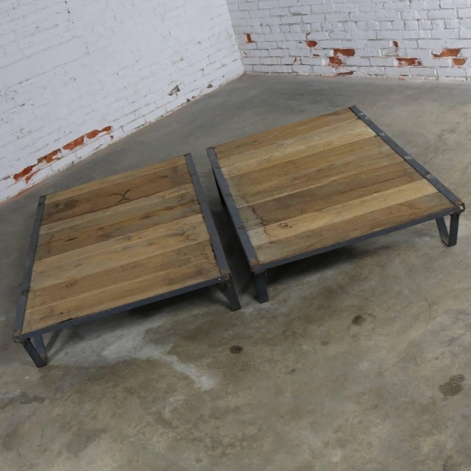 20th Century American Industrial Oak and Steel Pallet Coffee Table For Sale