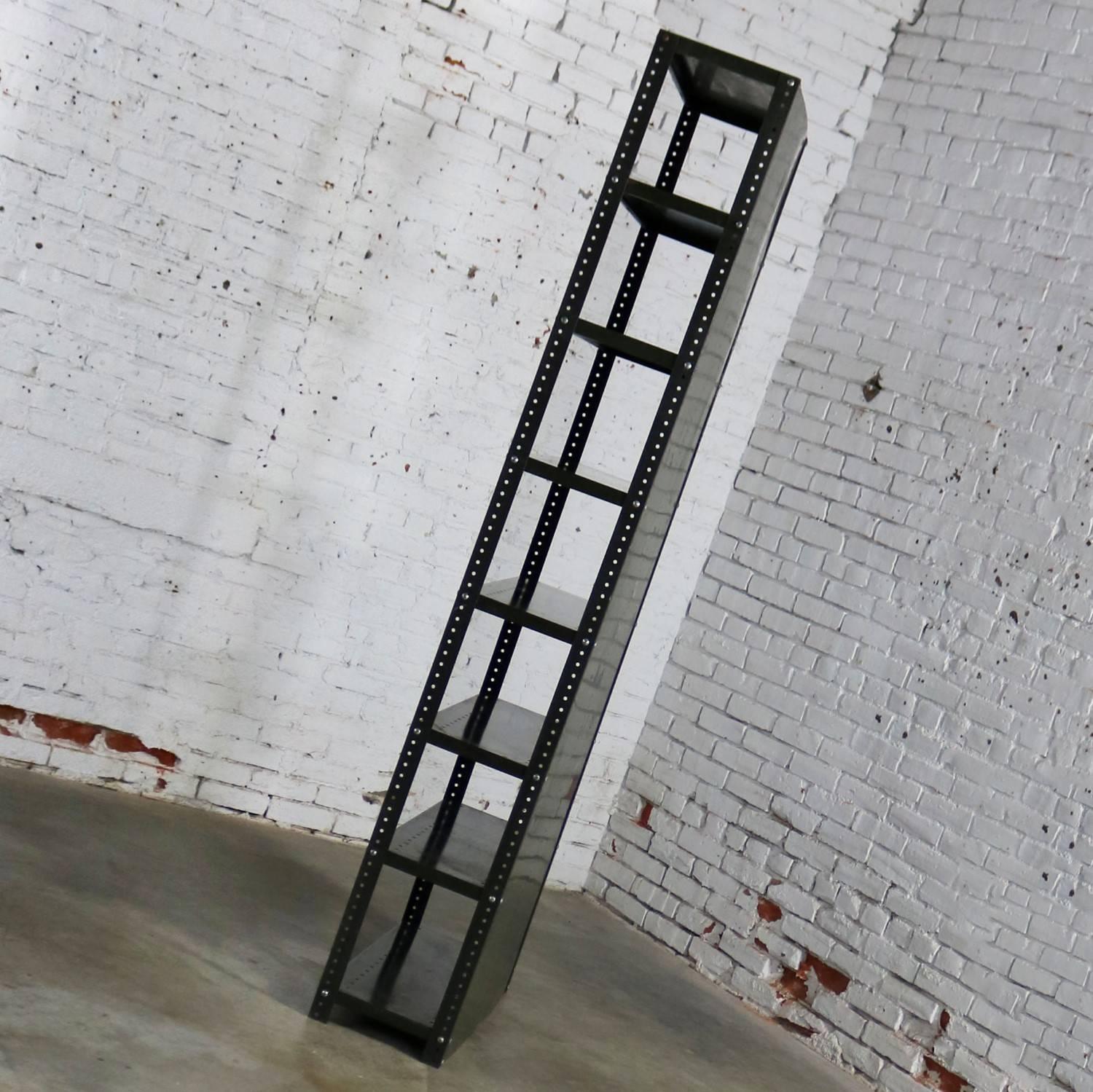 Industrial Steel Bookcase Shelving Unit Original Paint with Great Patina In Distressed Condition In Topeka, KS