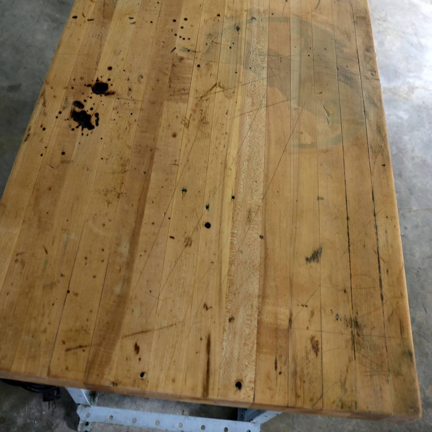 American Industrial Work Table Wood Top Steel Base Vintage 3