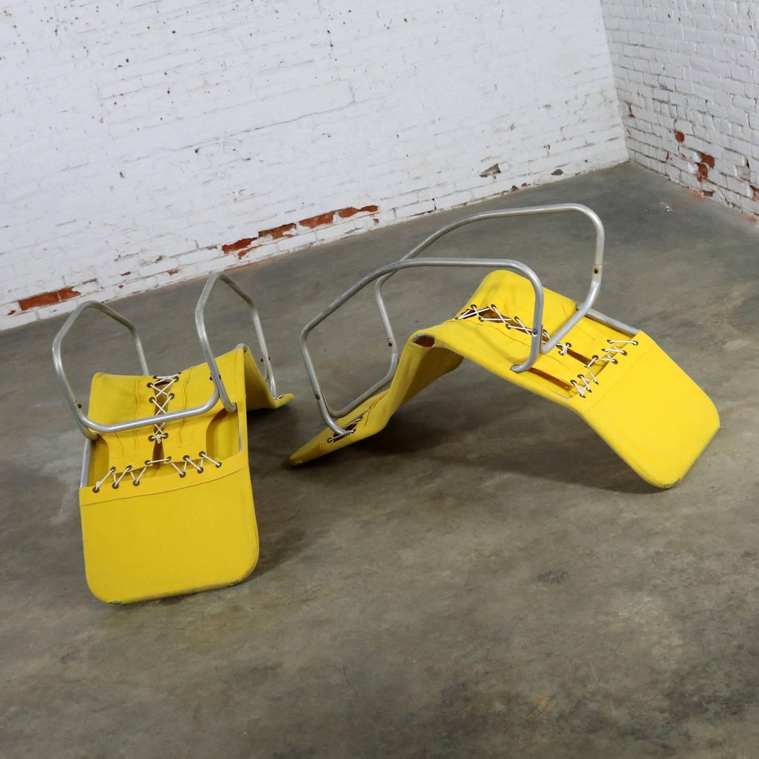 American Pair of Bartolucci-Waldheim Barwa Lounge Chairs Aluminium and Yellow Canvas