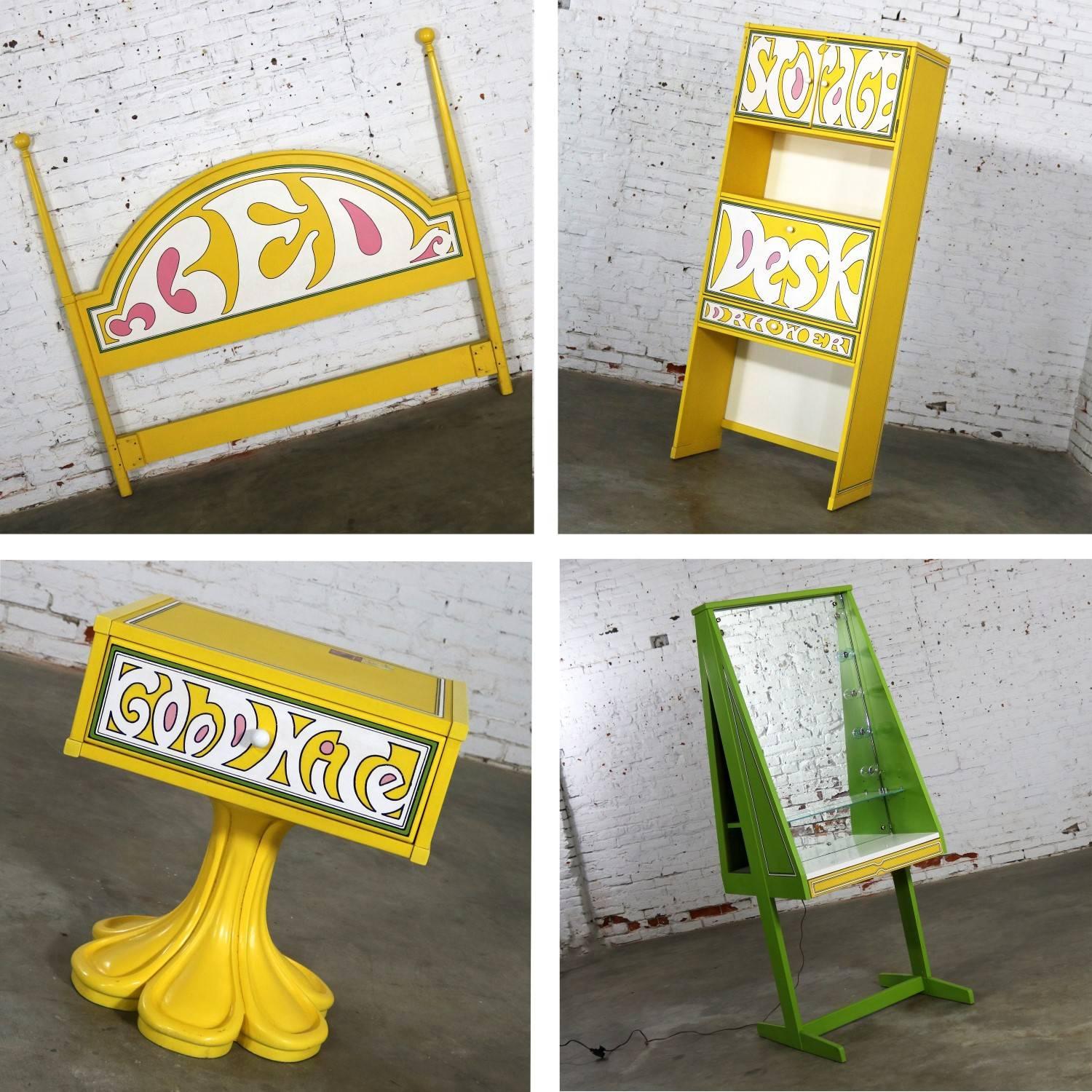 Incredible four-piece bedroom set in the style of Peter Max from the Plus One Collection by Drexel. This set is in exceptionally good vintage condition. We have restored two places on the bookcase/desk where the vinyl coating was damaged on the