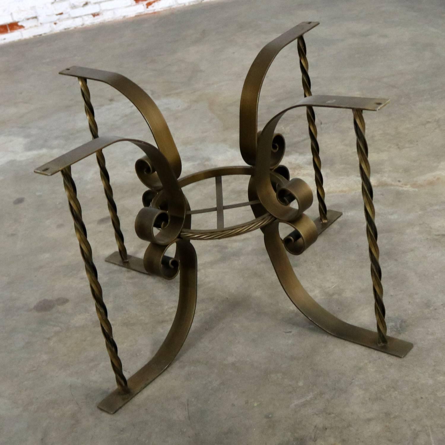 Late 20th Century Hollywood Regency Wrought Iron Dining Table Octagon Gilded Wood Rimmed Glass Top For Sale