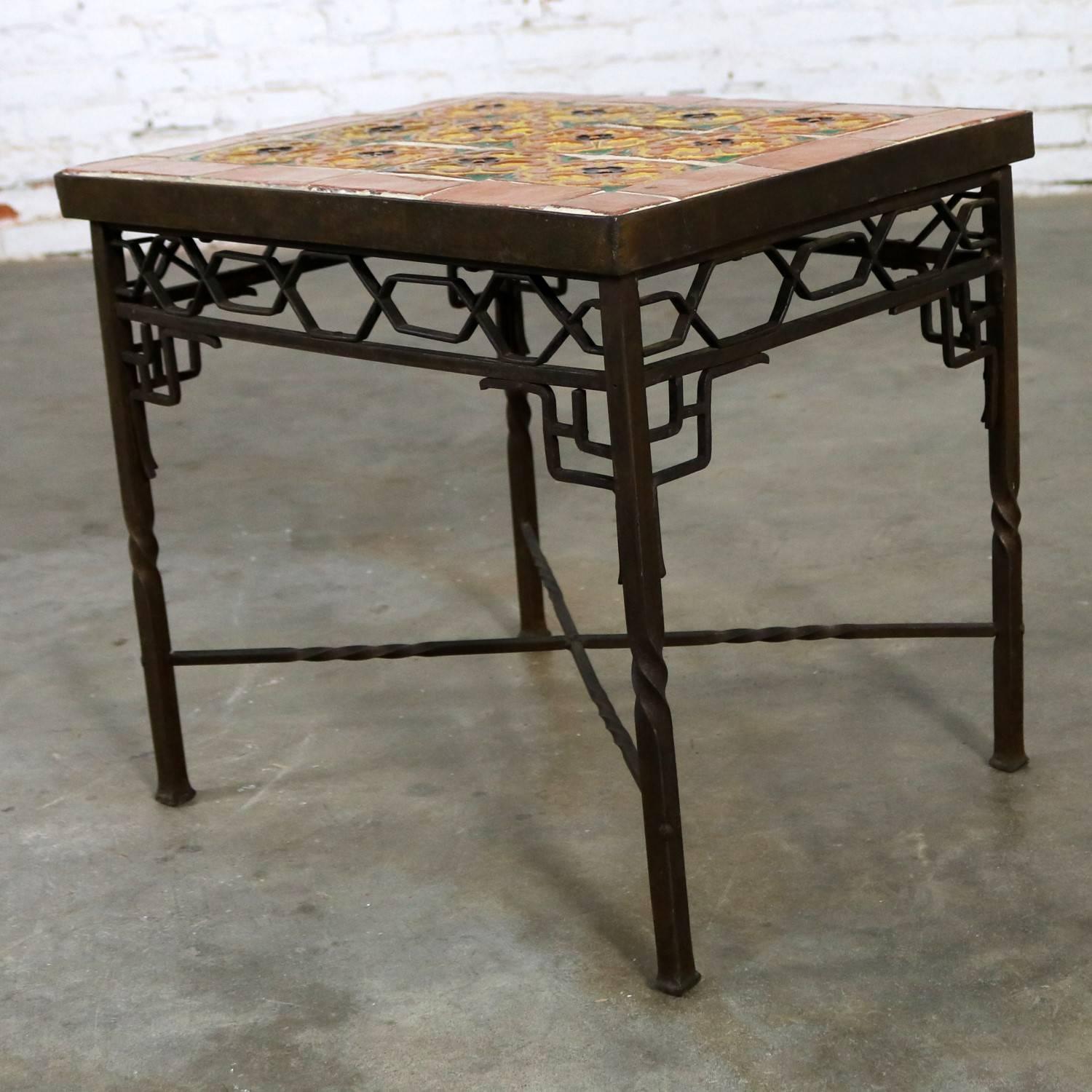 American Art Deco Wrought Iron and Tile Side Table California Style Tiles