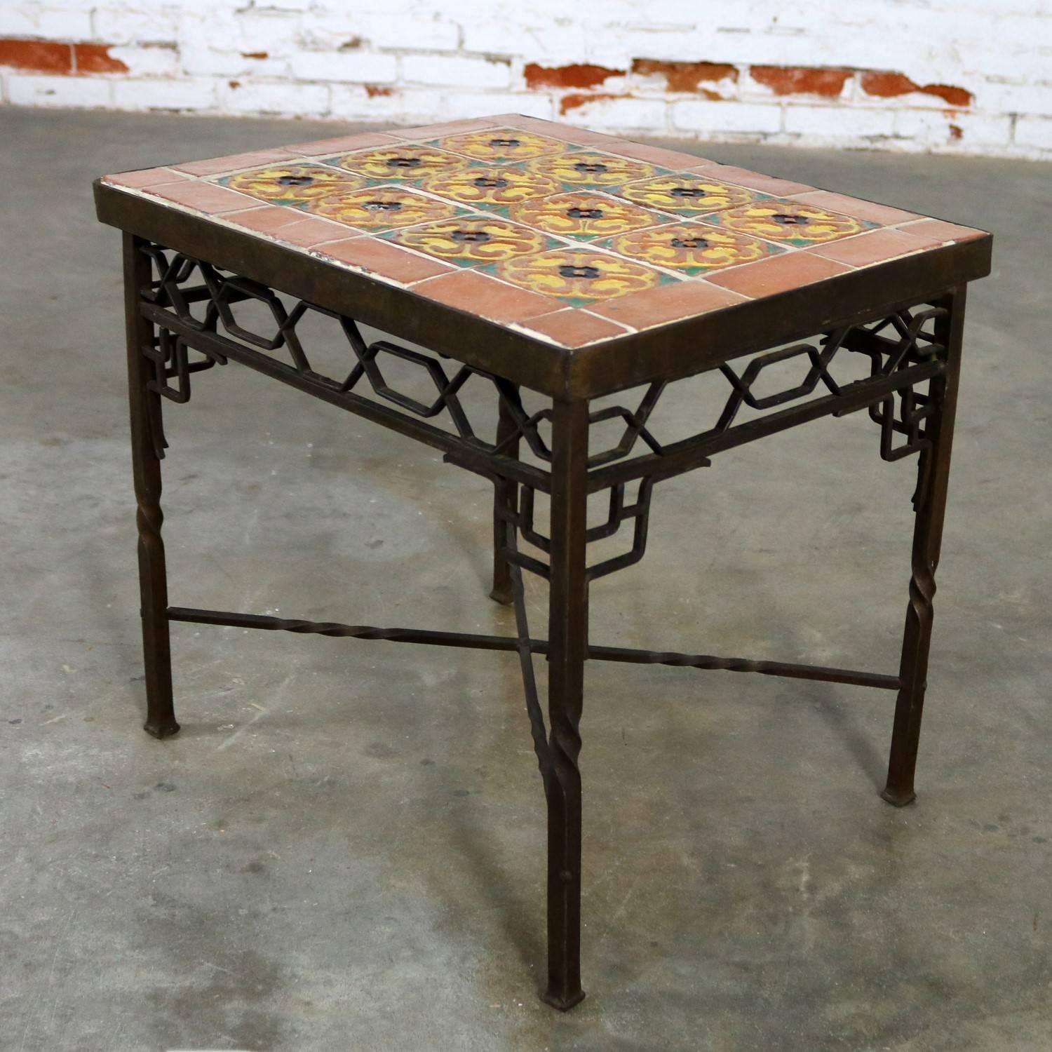 Art Deco Wrought Iron and Tile Side Table California Style Tiles In Good Condition In Topeka, KS
