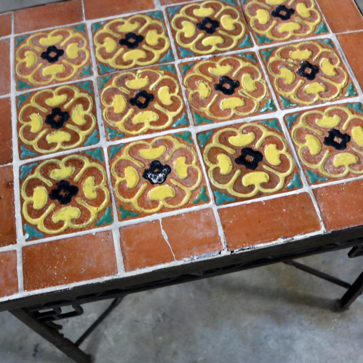 Ceramic Art Deco Wrought Iron and Tile Side Table California Style Tiles