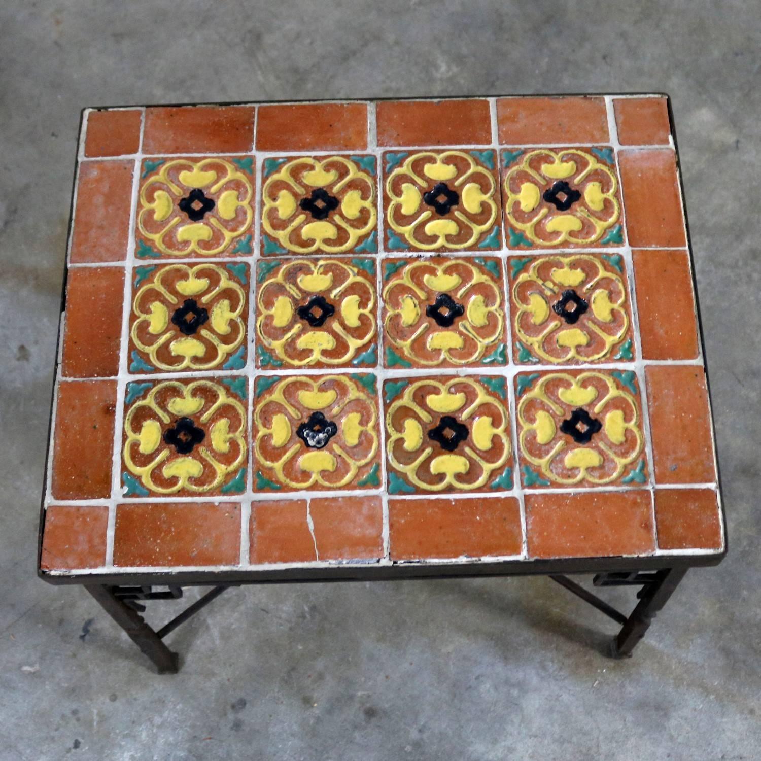 20th Century Art Deco Wrought Iron and Tile Side Table California Style Tiles