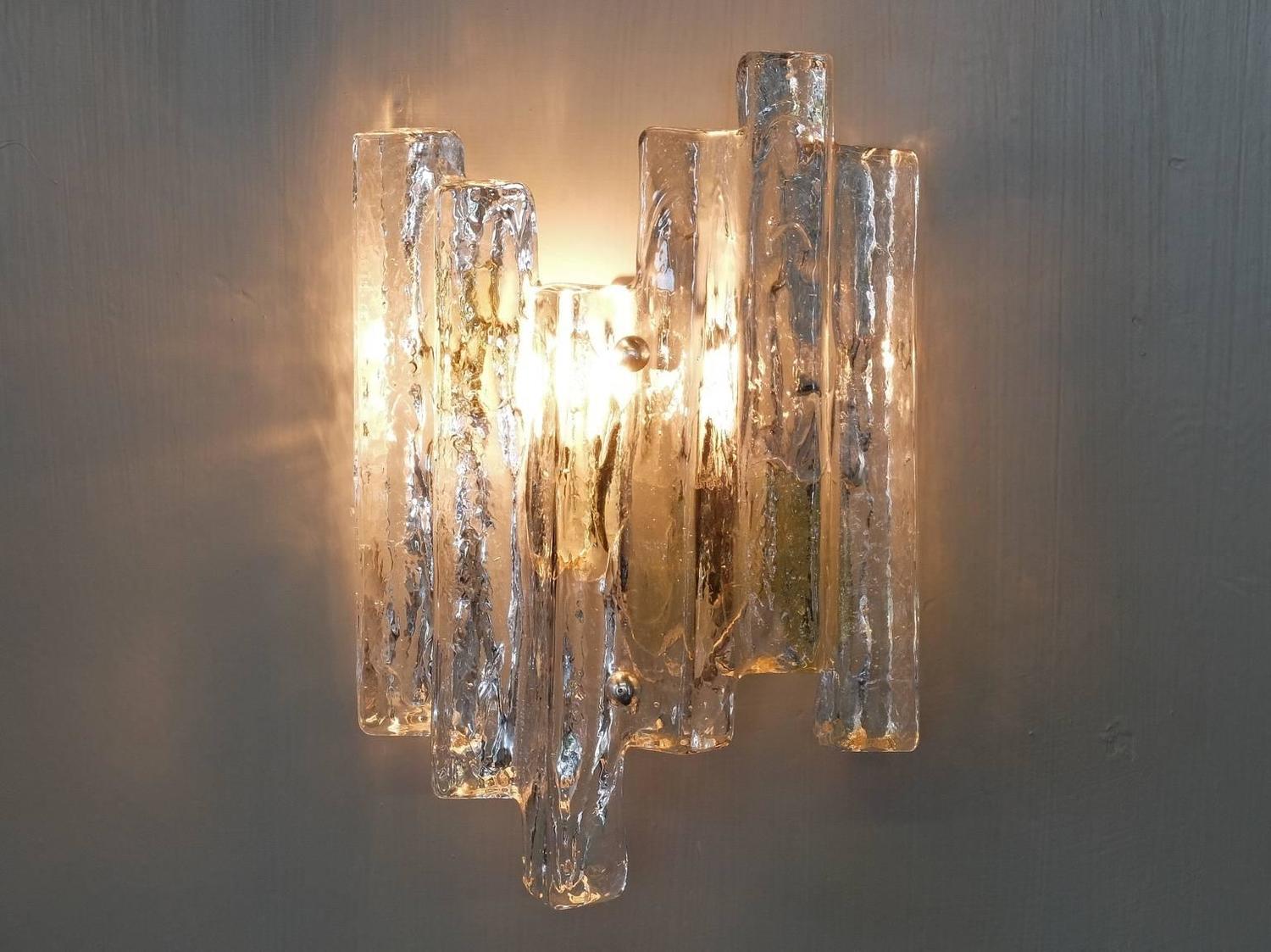 Wall Sconces, Kalmar, Clear and Gold Murano Ice Glass, 1960s at 1stdibs