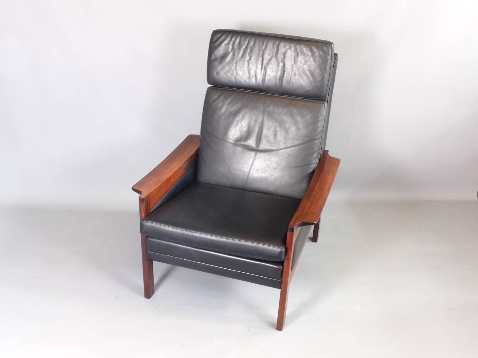 1960s Danish Black Leather High Back Lounge Chair In Excellent Condition In London, GB