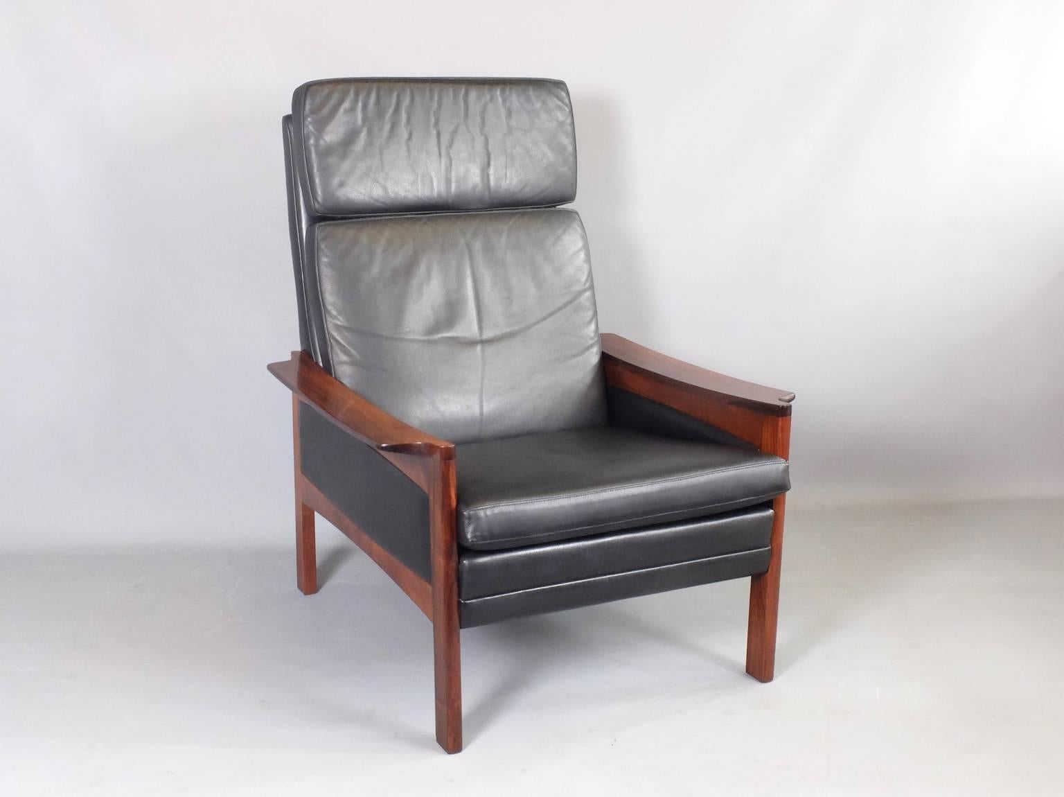 Mid-Century Modern 1960s Danish Black Leather High Back Lounge Chair