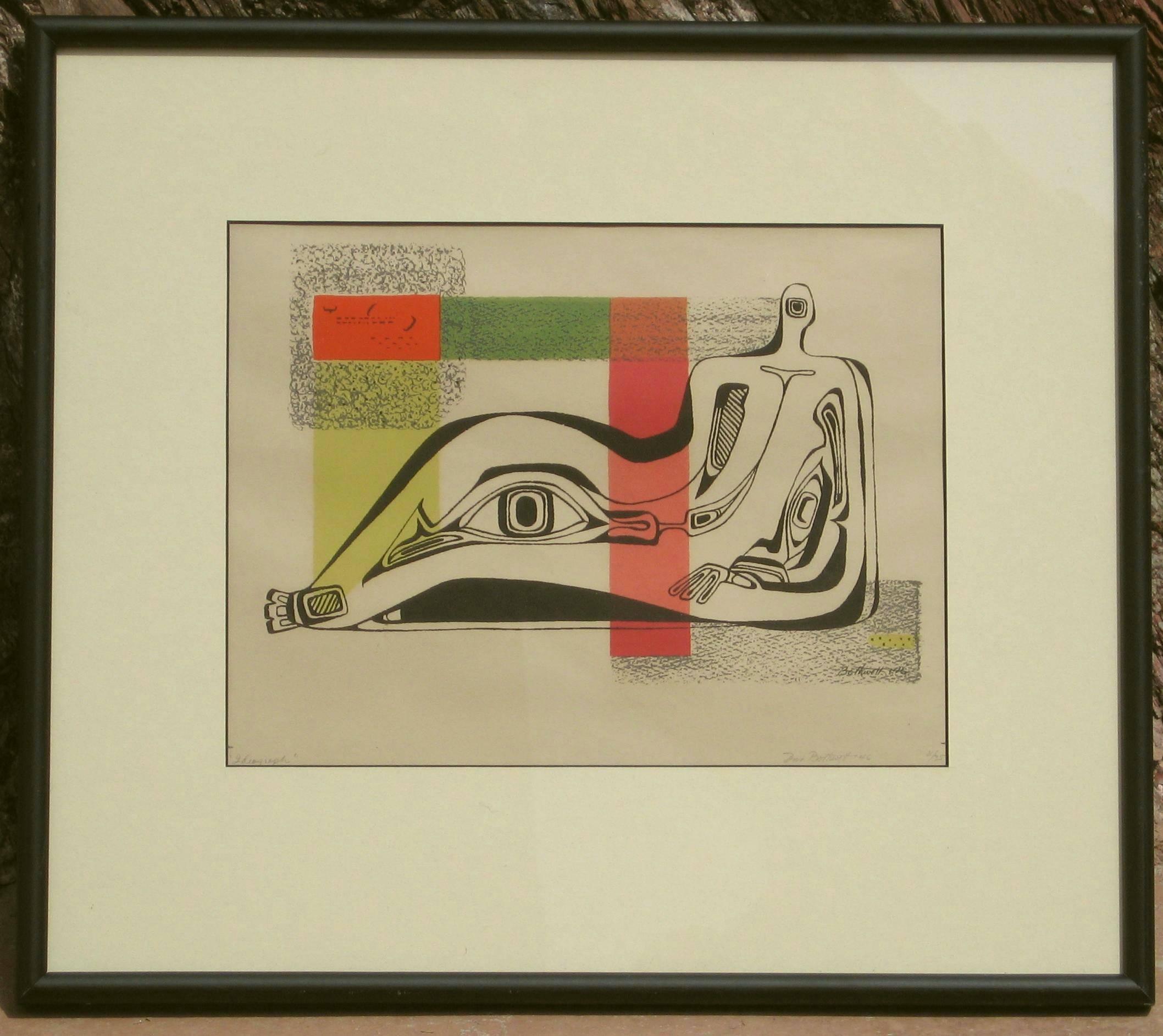 California modernist Dorr Bothwell (1902-2000) original serigraph.
Signed in pencil lower right and dated 1946.
Edition size is also seen in pencil lower right: 8 of 35.
Pencil titled lower left: 