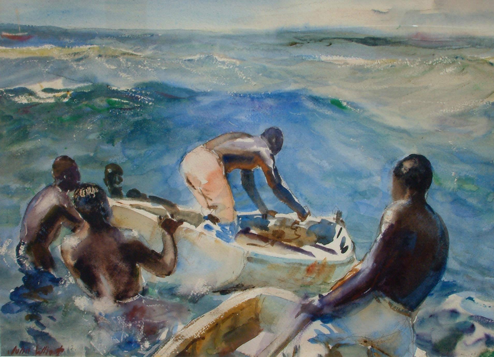 John Whorf (1903-1959) watercolor, boats in Barbados.
Measures: 16 1/4
