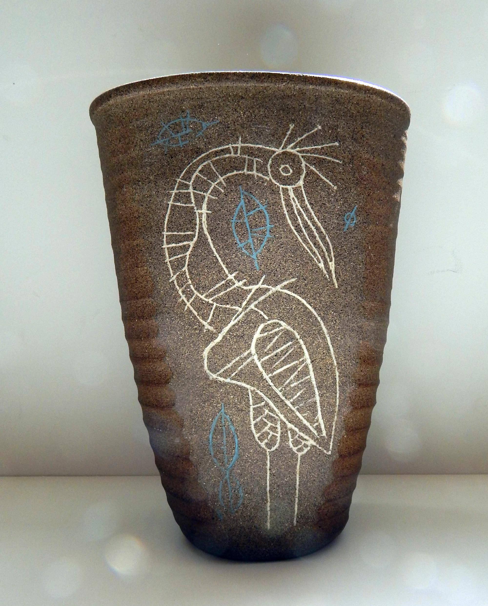 Large Studio pottery vase with bird motif on both sides.
Both signatures are incised on the bottom: A. Bohrod and F.C. Ball.
Measures: 10.5