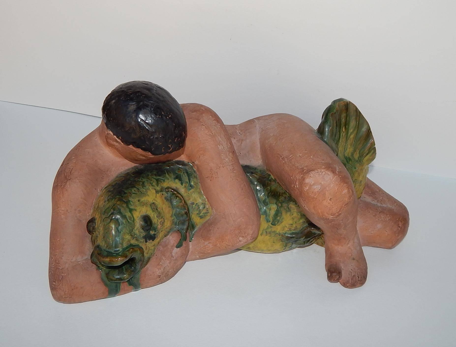 Art Deco Dickman Walker Ceramic Sculpture, circa 1940s, Man Wrestles Fish