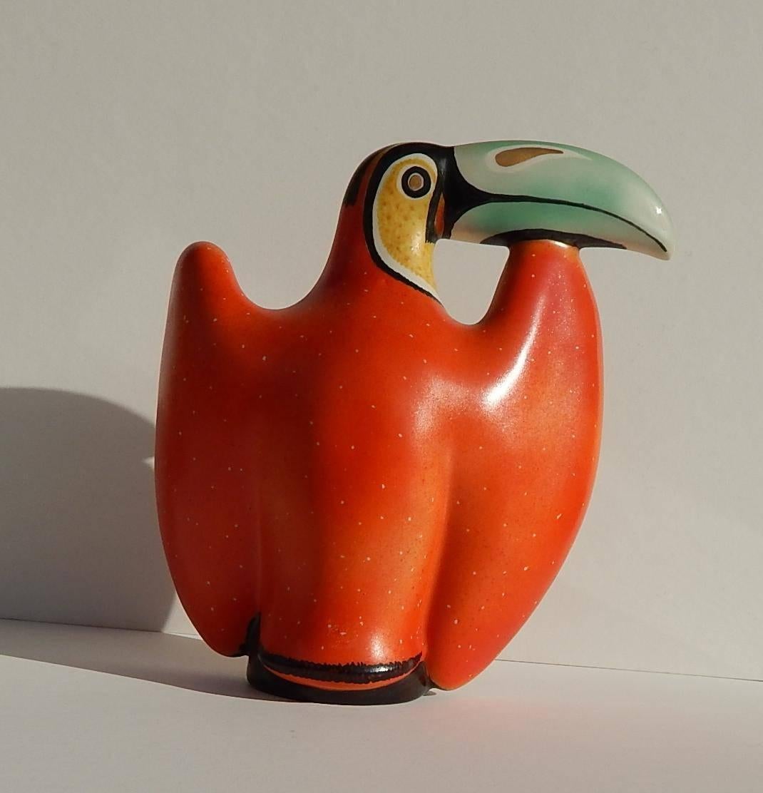This unusual Toucan is signed on the bottom “Waylande Gregory New York.”
Rare, brilliantly-glazed toucan by Waylande Gregory, 1950s. United States. Gregory captures the bird with its wings outspread and its magnificent beak pointed to the side,