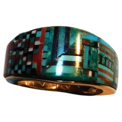 Carl and Irene Clark Navajo Micro Inlay 14K Gold Ring - Size 13