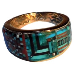 Carl and Irene Clark Navajo Micro Inlay 14K Gold Ring - Size 13