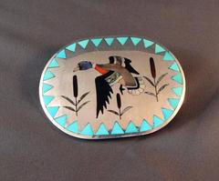 Dennis & Nancy Edaakie Silver Zuni Inlay Belt Buckle with Duck Design