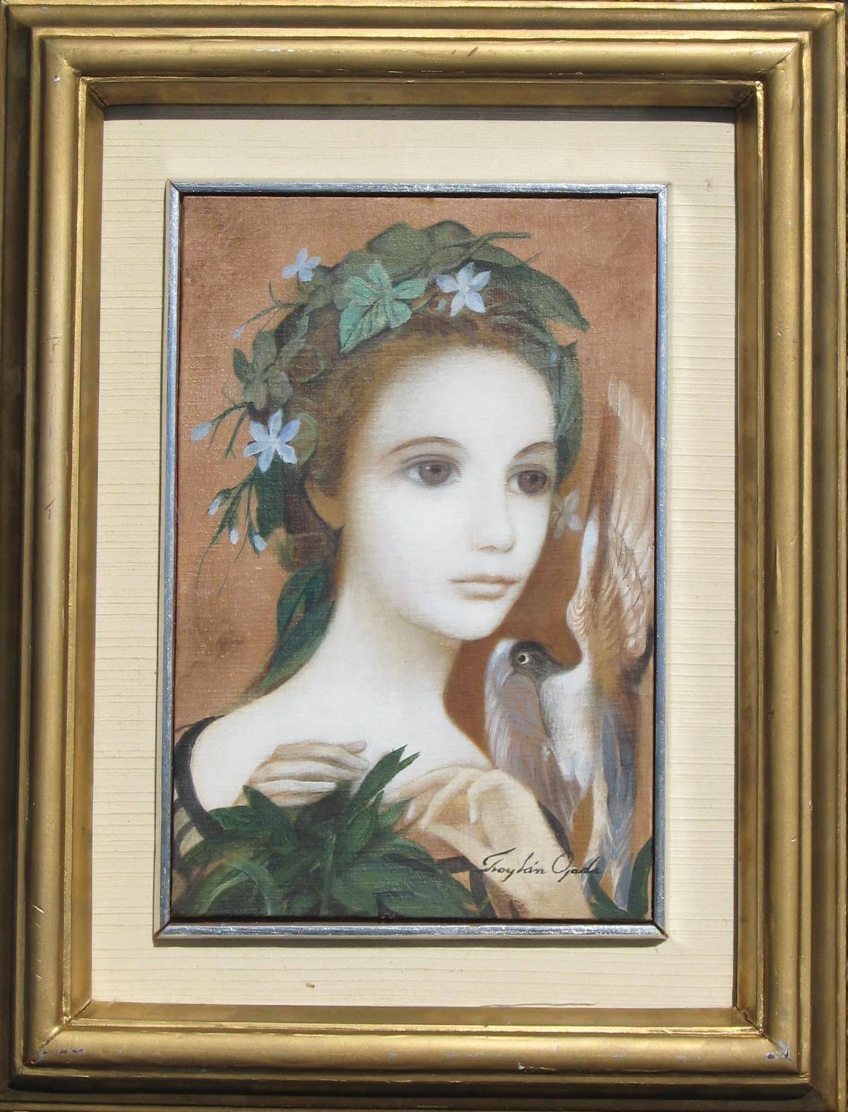 Beautiful peaceful painting by Mexican artist Froylan Ojeda (1932-1991).
Features a wreathed woman with dove. 
Ojeda was active in Mexico in the 1950s and 1960s.
Bears the original frame and is in excellent condition.
Image size is 12