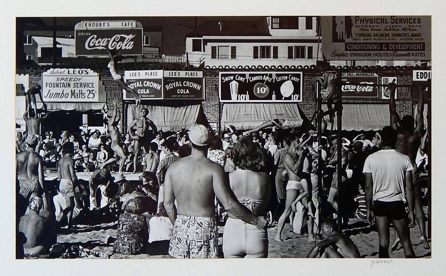 Vintage photo by noted photographer Max Yavno (1911-1985).
This scene depicts the original Muscle Beach at Santa Monica
before it was moved to Venice Beach.
Framed silver gelatin print, signed in pencil.
Image size: 8" H x 13.38" W,