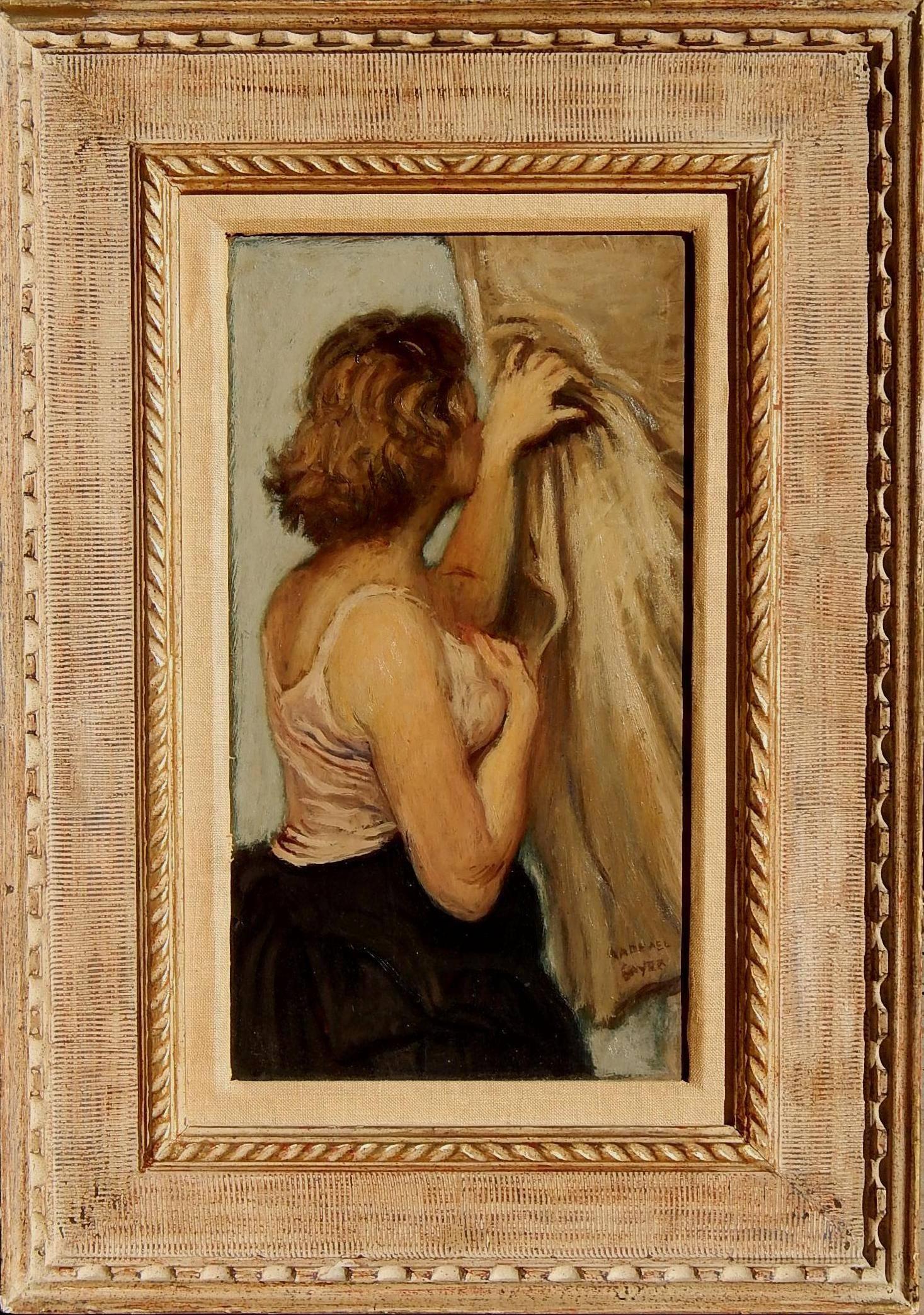 This is a beautiful oil painting by social realist Raphael Soyer (1899-1987)
It is in excellent condition and has a remnant of an Associated American
Artists label on the verso.
It measures 16 x 9 inches image size. Frame size is: 24 x 17