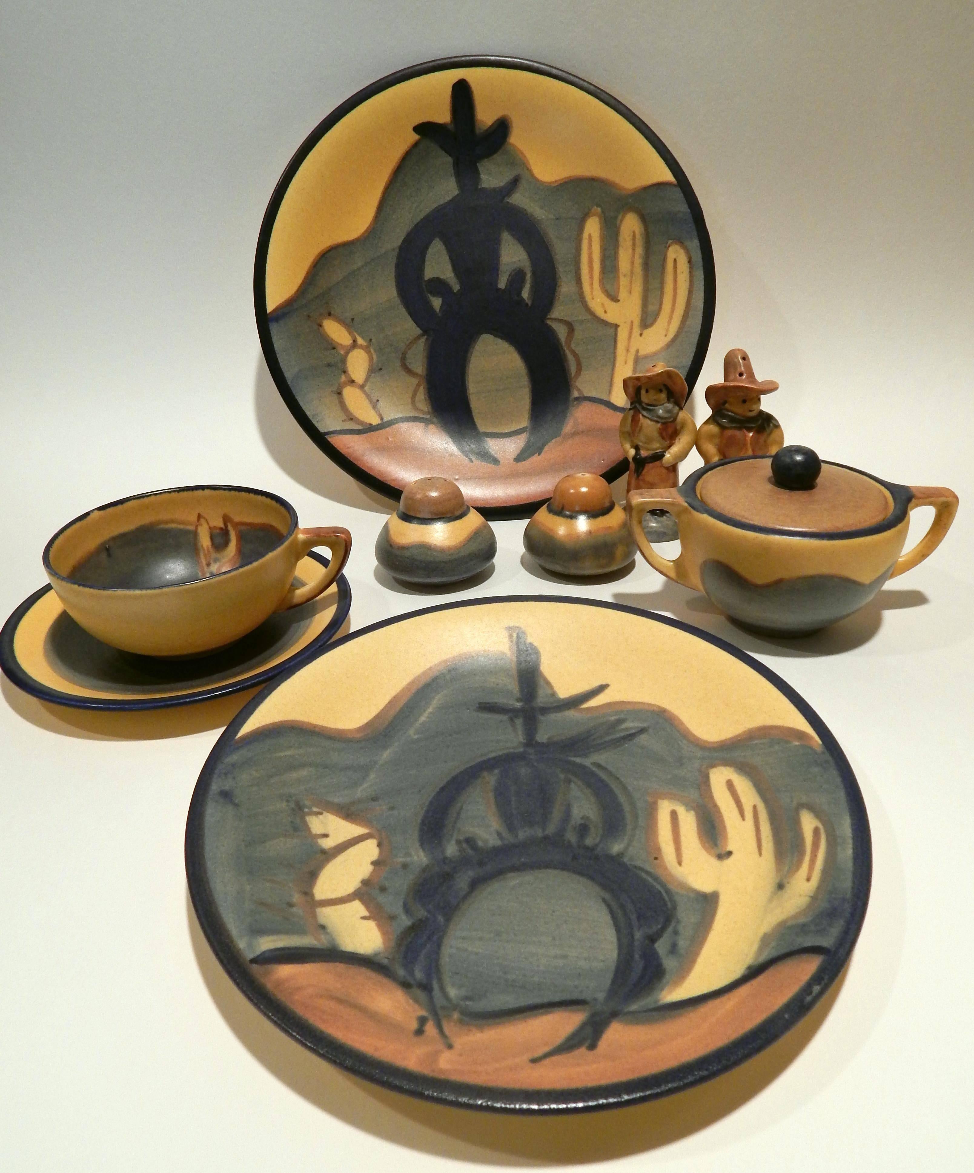 This beautiful and hard to find Stangl Ranger pattern is very collectible.
This pattern is yellow and blue and features a Southwestern bow-legged
cowboy and saguaro motif.

The set includes:
Eight dinner plates 10