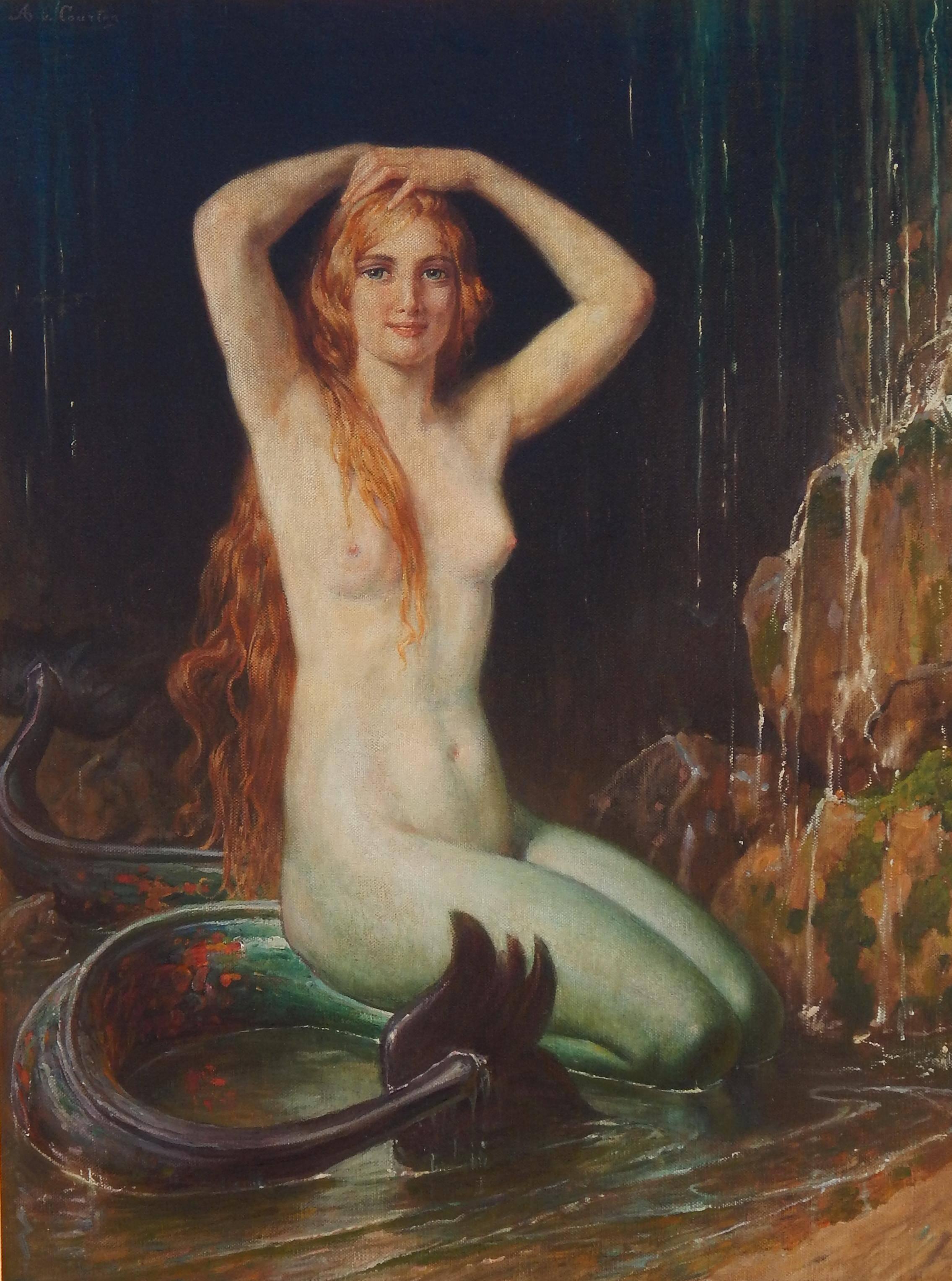 Art Nouveau mermaid painting by Italian artist 
Angelo von Courten (1848-1925.)
This large painting is in excellent condition measuring 39 1/2
