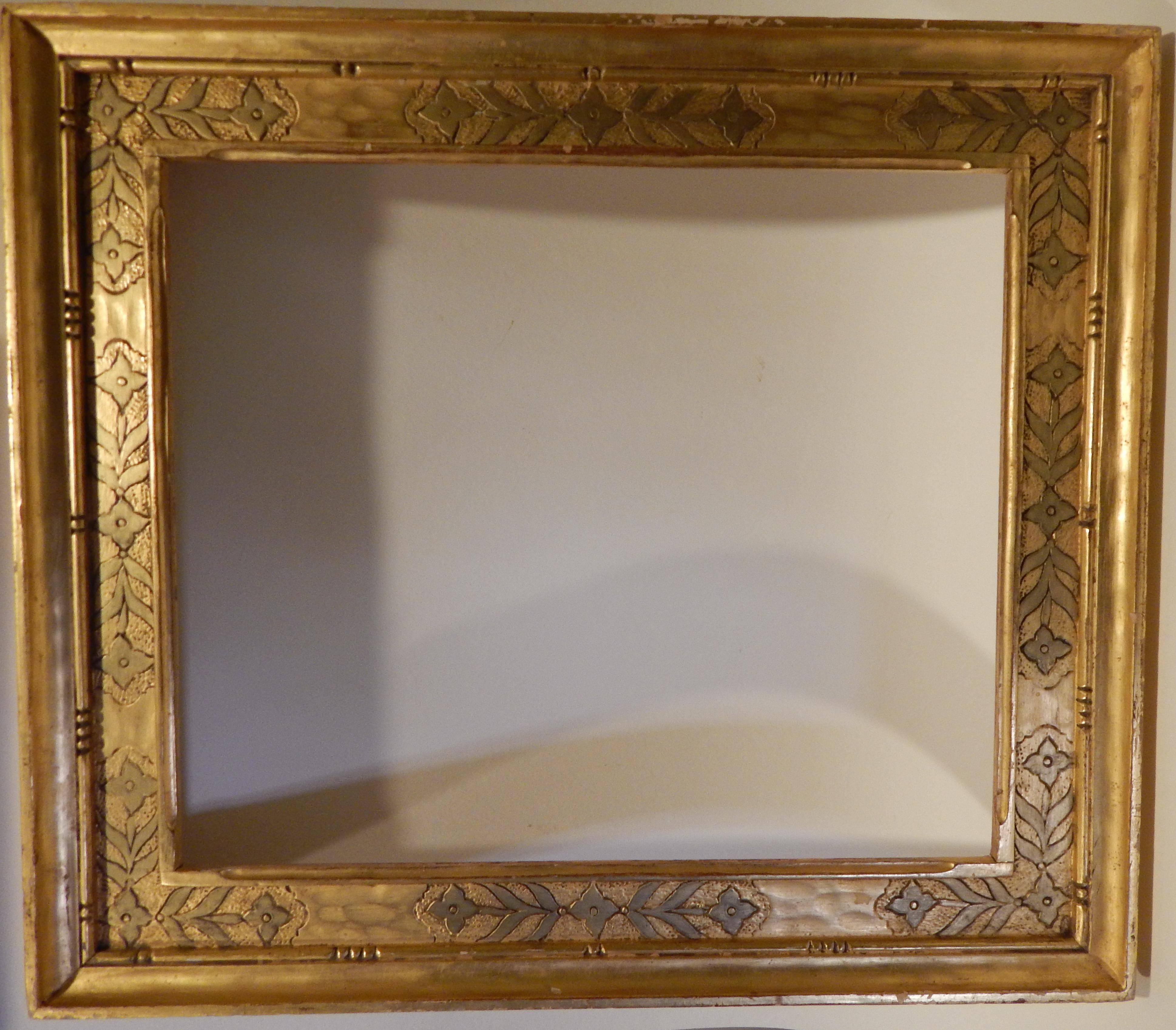Hand-carved vintage frame by well-known painter and framer,
Ben Badura (1896-1986).
Wonderfully decorated with a floral motif using extensive
sgraffitto and punch work.
A very good example by one of New Hope’s best craftsman,
circa