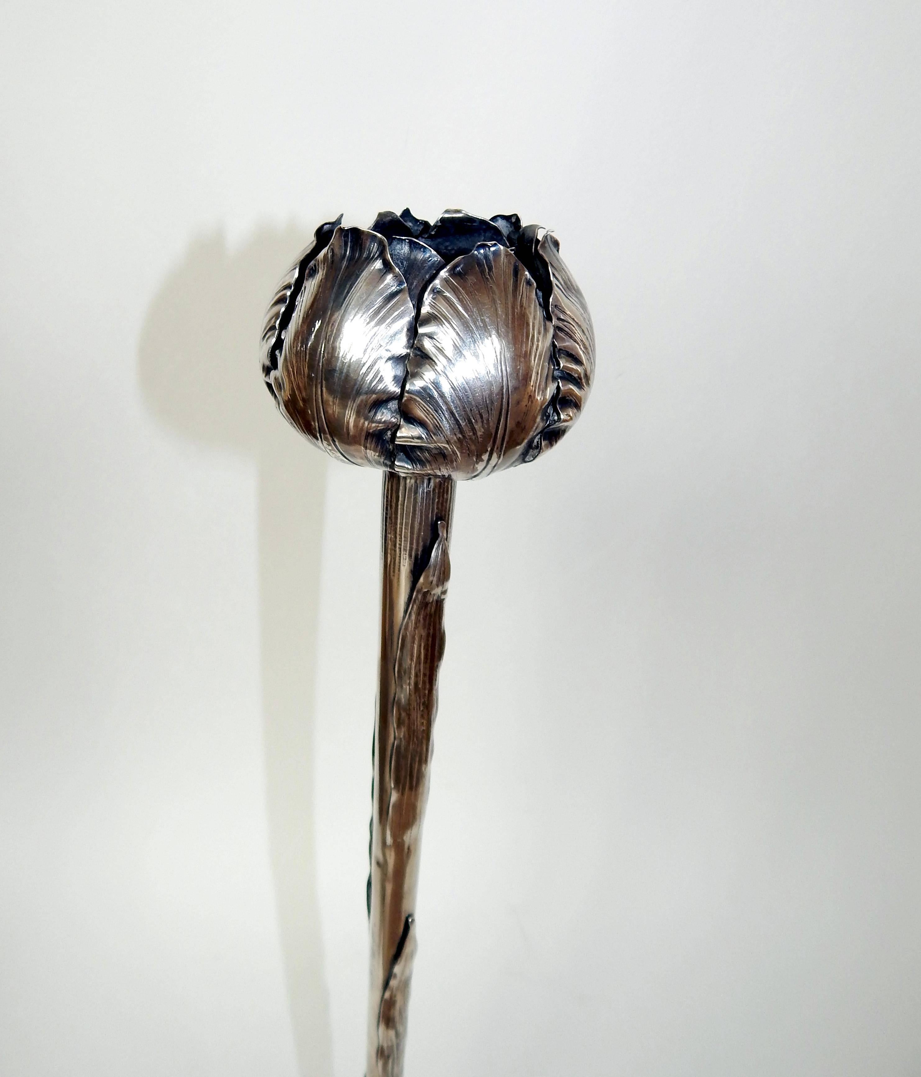 Brock & Company Sterling Art Nouveau vase - 17 ½ inches tall.
Beautiful poppy flower design. Slender stem with attached tendrils.
Marked: Brock & Company, Sterling, 7369, 17 ½ in.
Beautiful vase in excellent condition.
Measures: 17.5