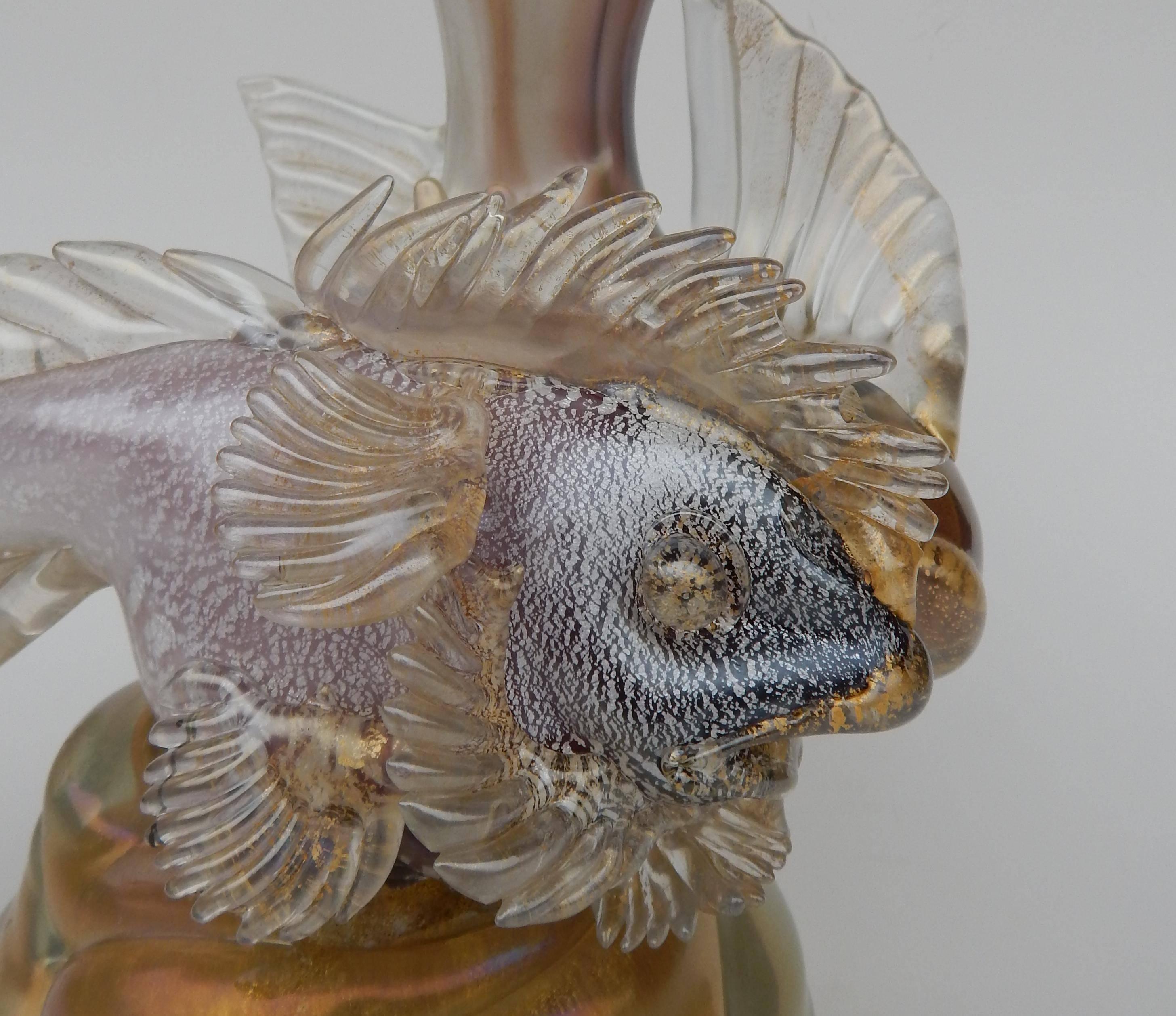 Vintage Italian Glass Double Fish Sculpture with Gold Fleck For Sale 1