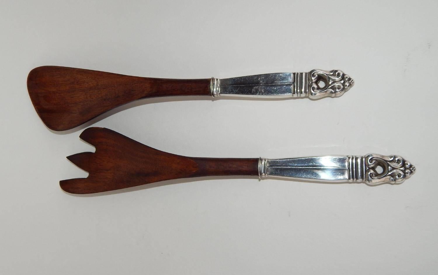 Sterling Handled Wood Salad Serving Set In Good Condition In Phoenix, AZ