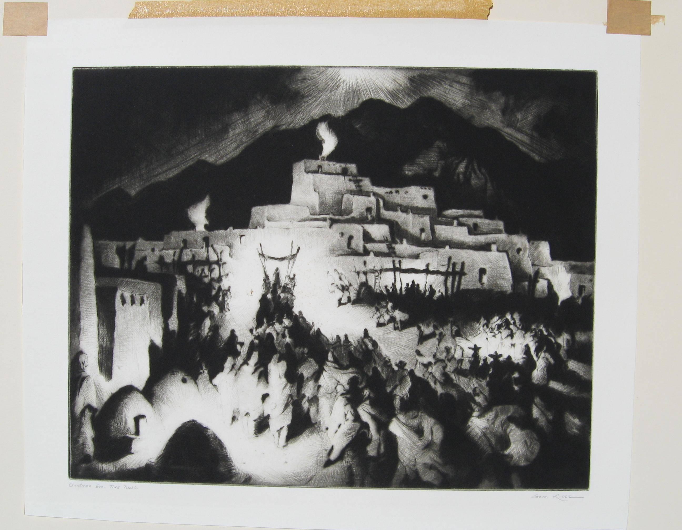 Drypoint etching by famous Taos Artist Gene Kloss (1903-1996).
Edition of 75. Titled: Christmas Eve - Taos Pueblo.
Image measures: 12