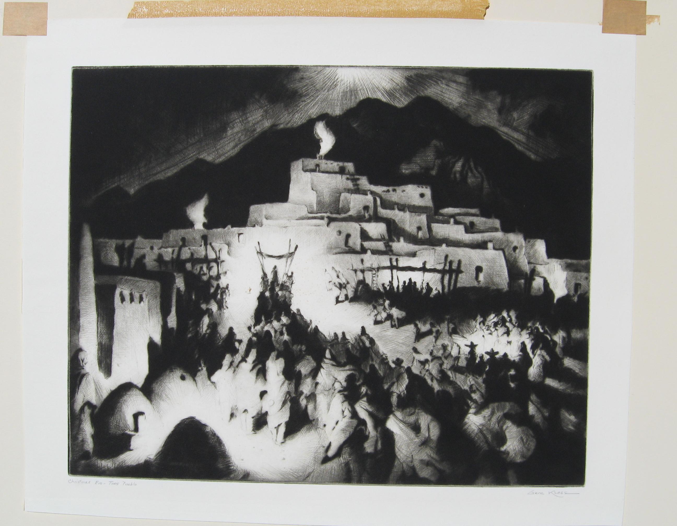 Taos Pueblo Christmas Day 2022 Taos Artist Gene Kloss Original Drypoint, Christmas Eve, Taos Pueblo For  Sale At 1Stdibs