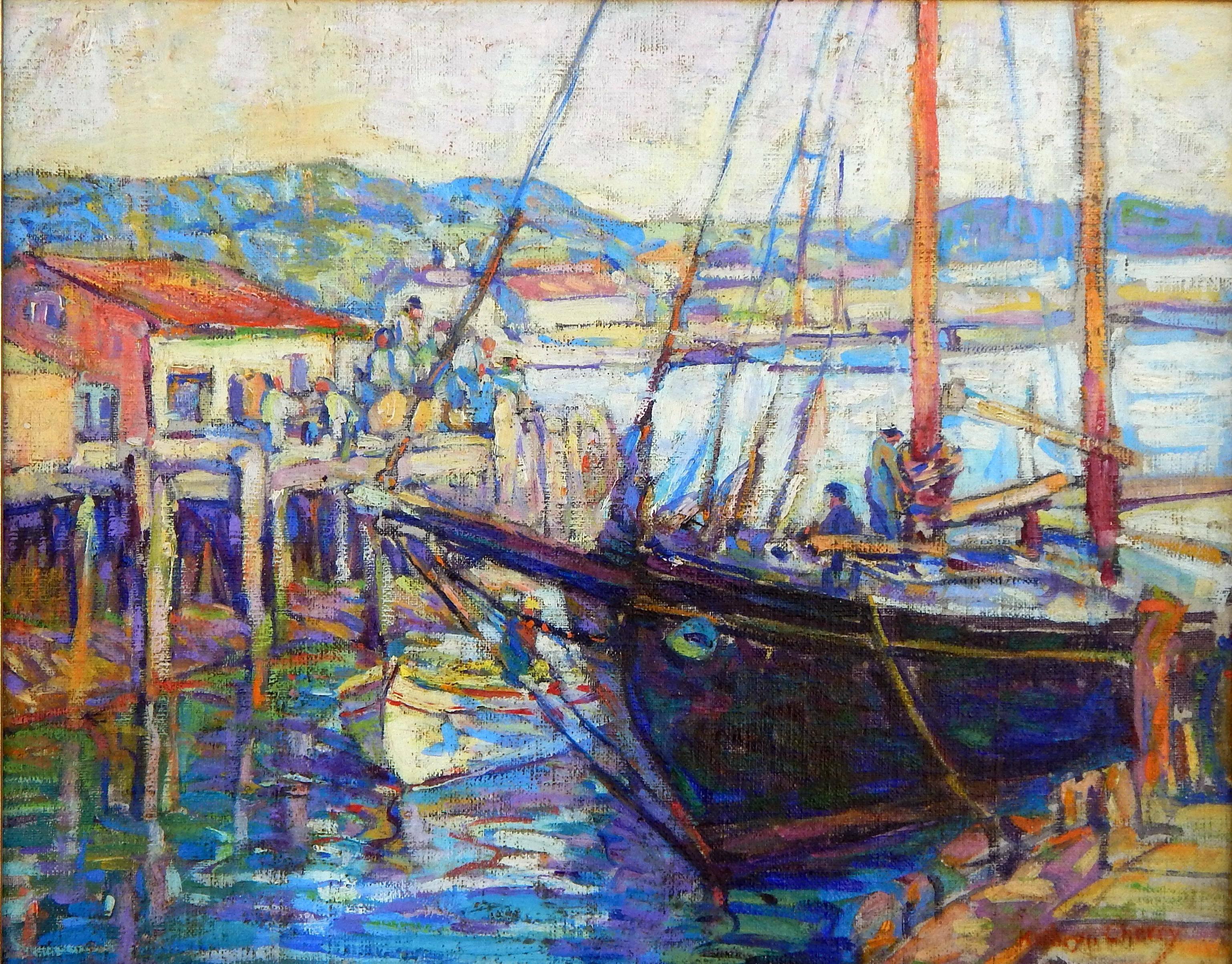 Kathryn Cherry (1860-1931) “Gloucester Harbour”.
Oil on board, framed. 
Measures: Image: 16