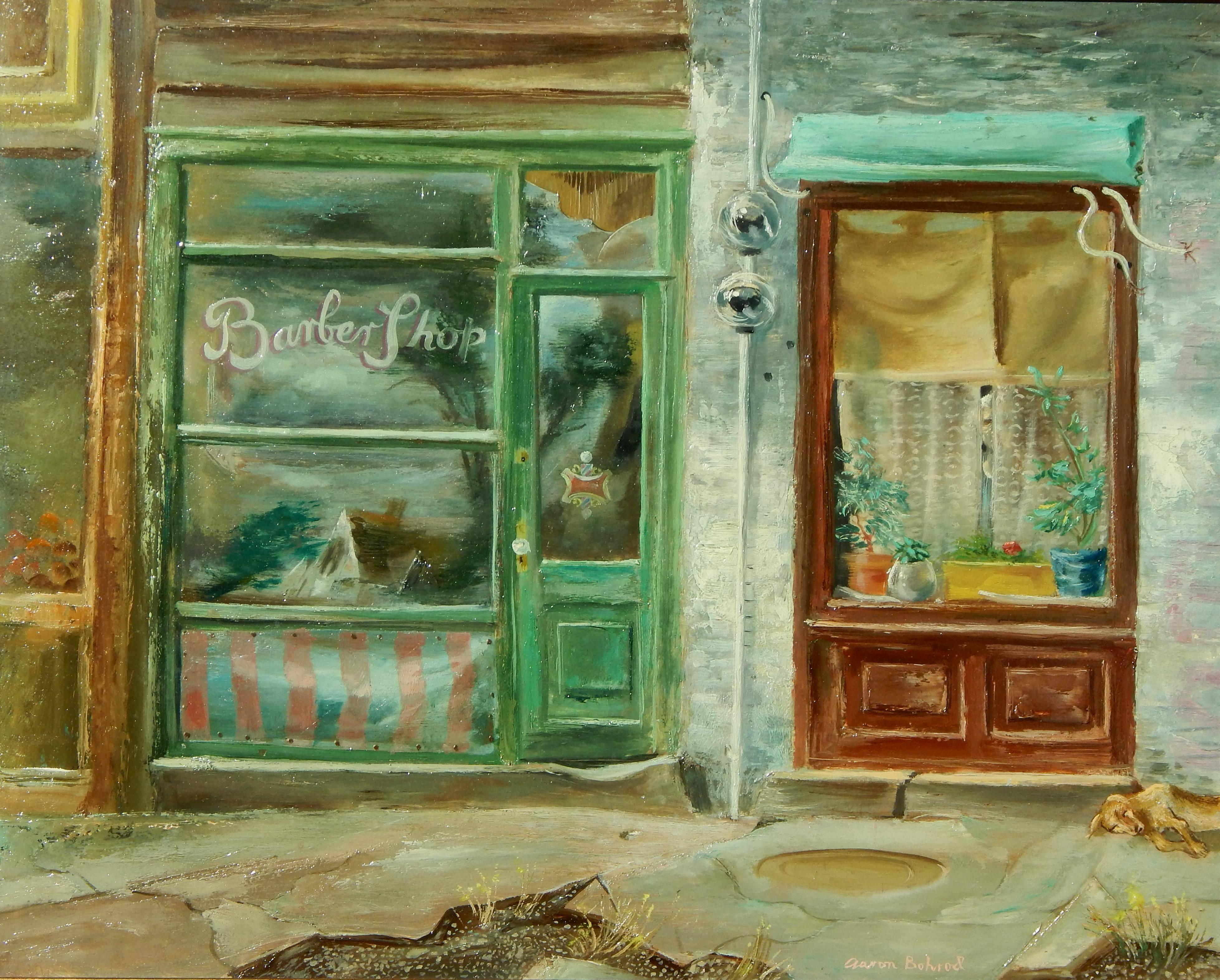 Aaron Bohrod (1907-1992) oil on gesso panel. 
Titled: “Shop Windows,” circa 1946. 
Measures: 16