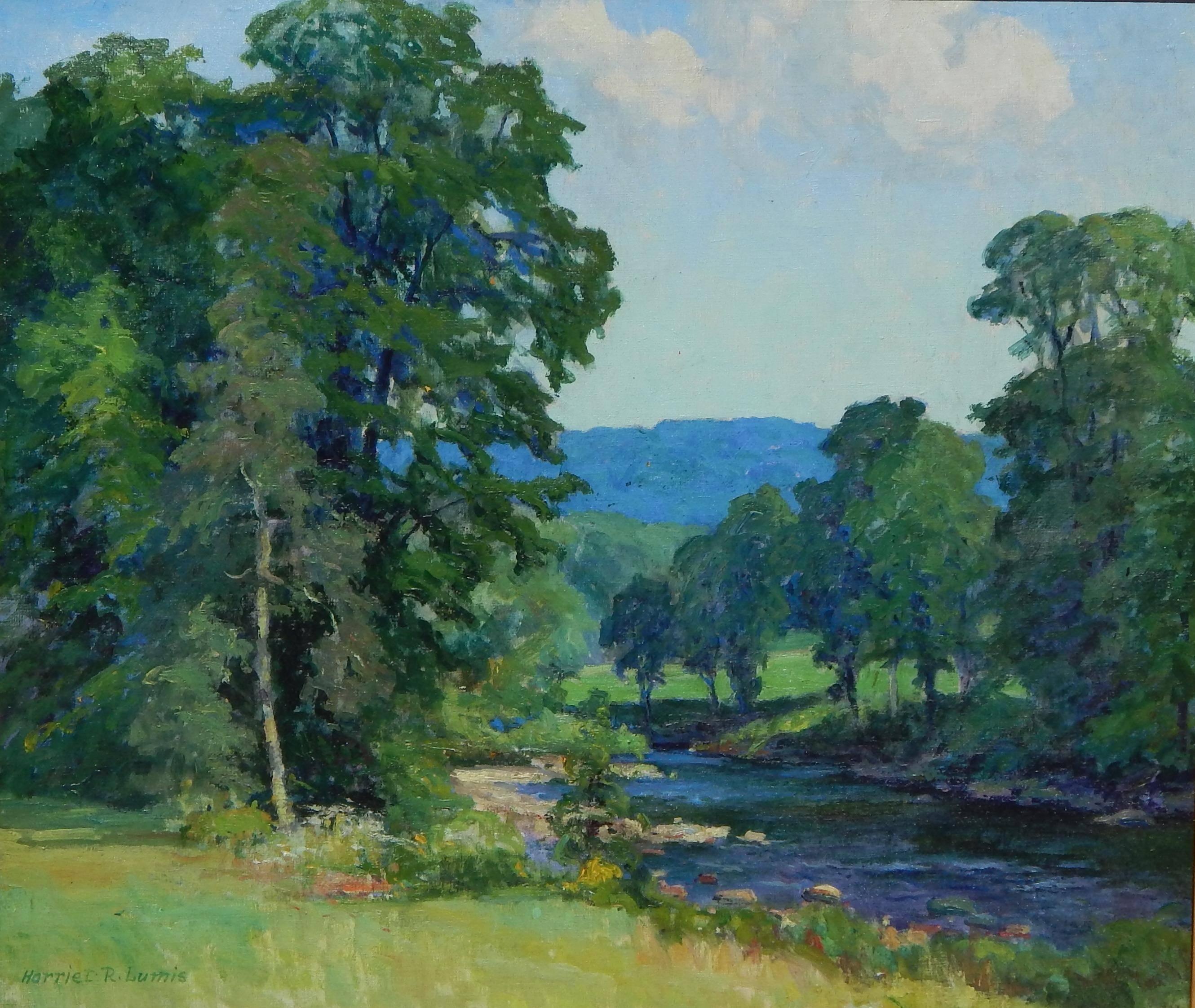 Harriet Lumis (1870-1953) “River at Cummington” (Massachusetts)
Oil on canvas signed lower left.
Measures: 24