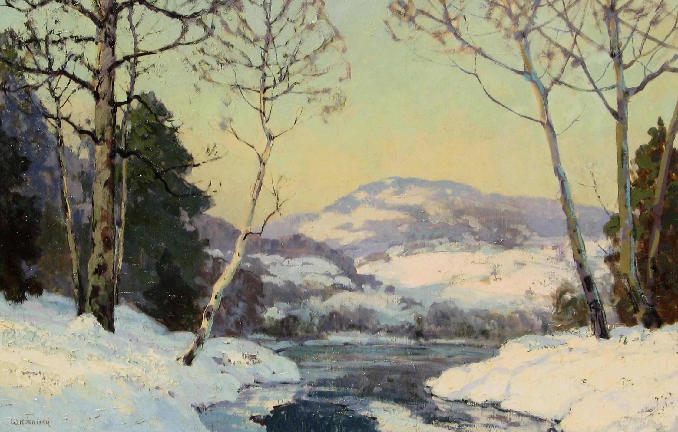 Walter Koeniger (1881-1943) oil on canvas, winter scene. Beautiful river bend in snow. 
Signed W. Koeniger lower left. Measures: 24 x 36. The frame measures 30 x 42 inches.
In excellent condition. 

Known as the Painter of Snow; Walter Koeniger was