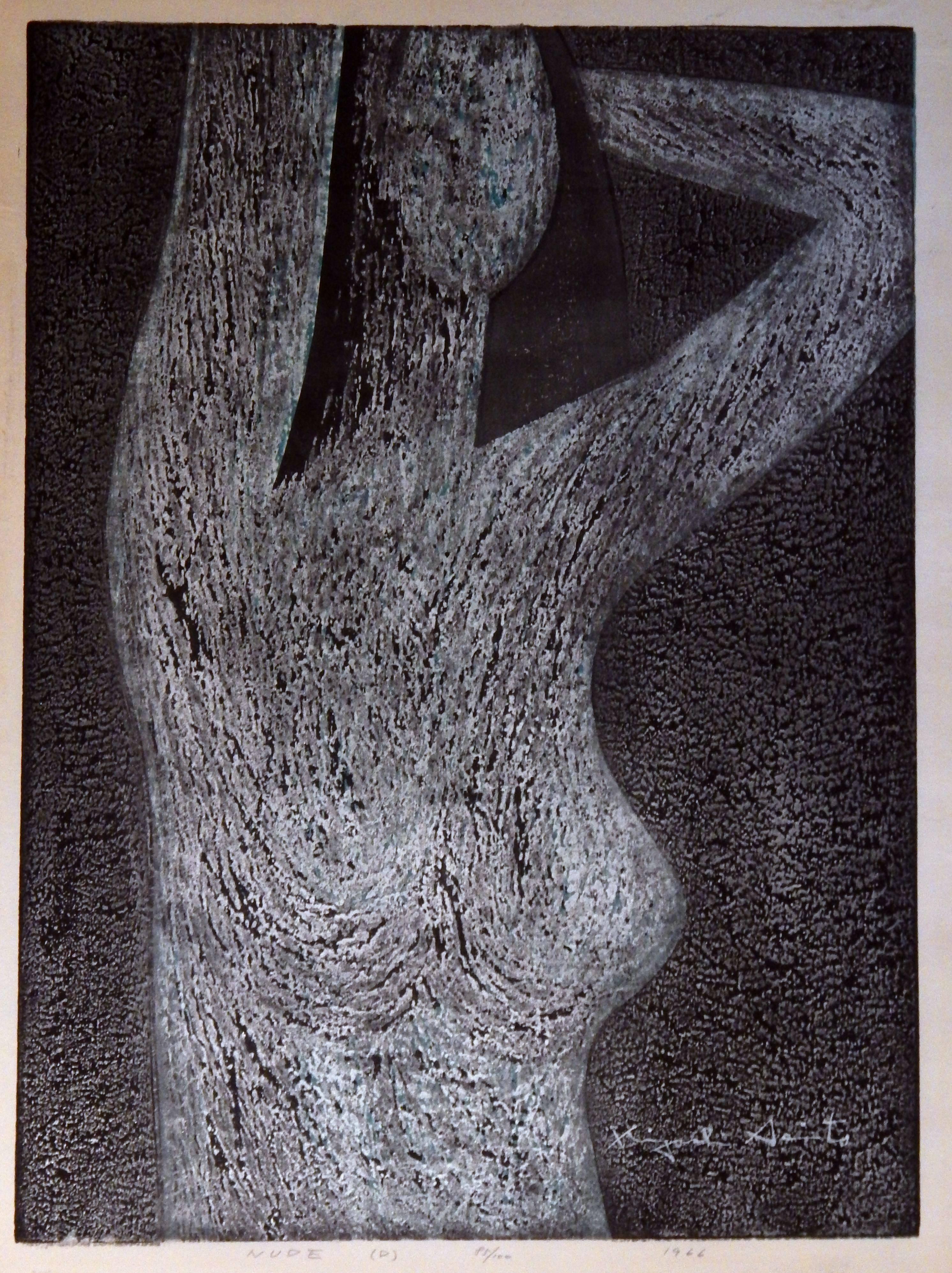 Kiyoshi Saito (1907-1997) color woodblock print, 1977 titled in lower center: Nude. Signed lower right in the image: Kiyoshi Saito Edition Size in pencil: 85 of 100 Image size: 20 3/4 inches high x 15 1/4 inches wide. Paper size: 23 inches high x 17