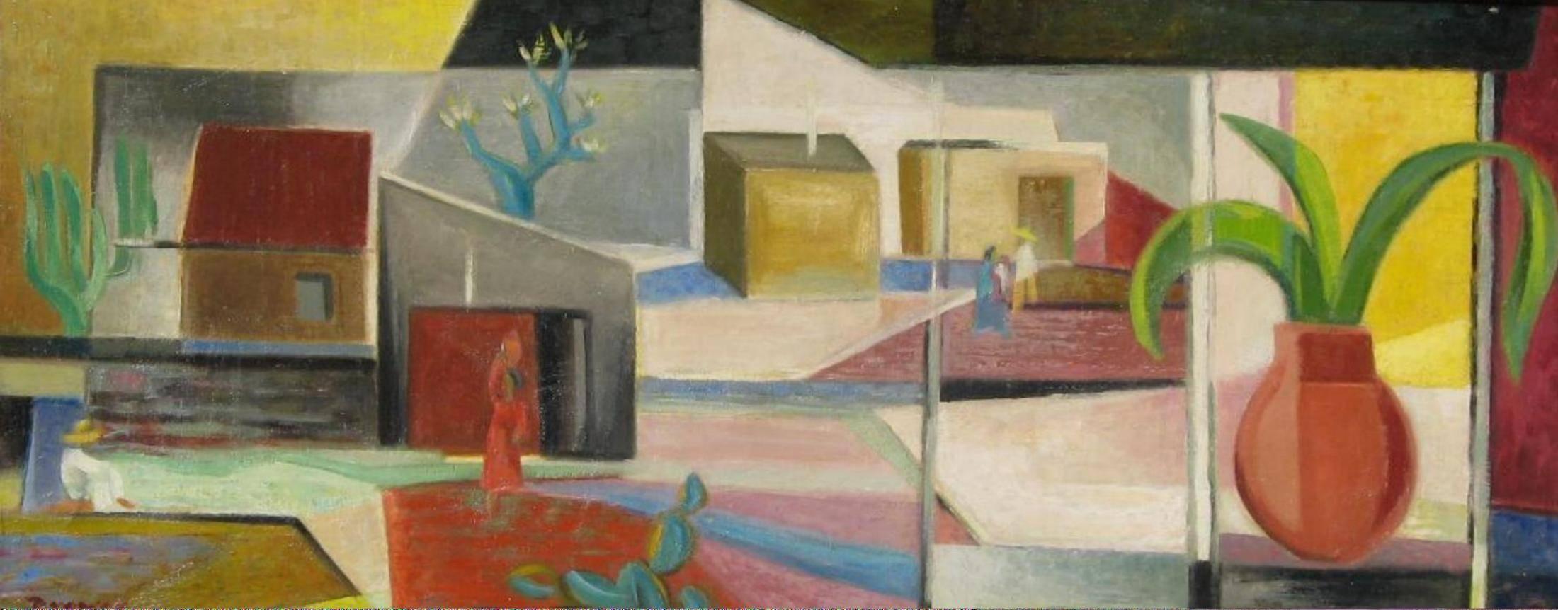Werner Drewes (1899-1985) oil on canvas, 1947
Titled: “Adobe Village” 
Measures: 15 ½ x 36 Frame: 21 x 42
Signed lower left and also on the verso
In excellent condition.

Born in Niederlausitz, Germany on July 27, 1899. Drewes was a pupil of