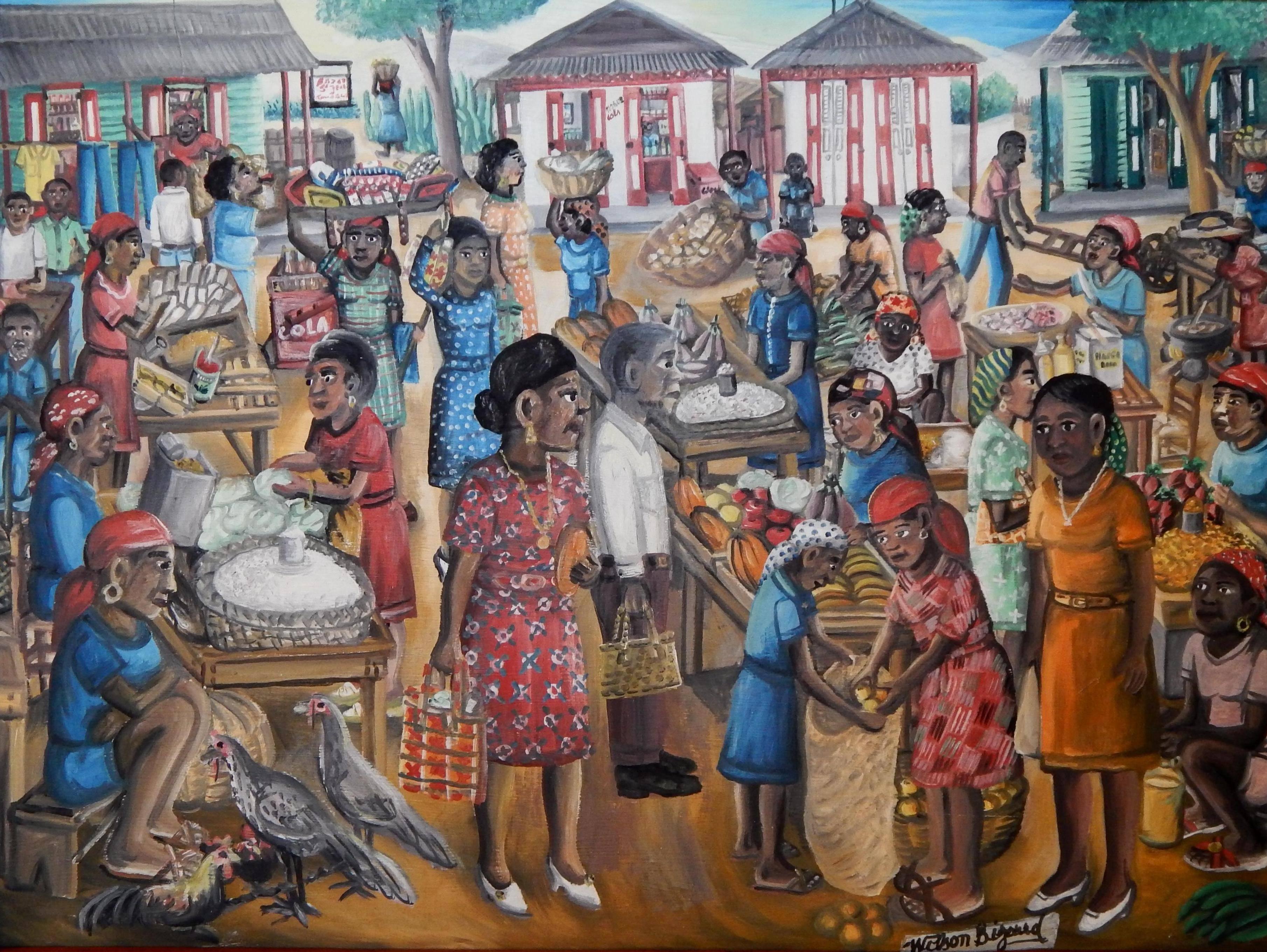 A wonderful Haitian Folk Art painting depicting a street market
by celebrated Haitian artist Wilson Bigaud (1931-2010).
Oil on board measuring 24 x 32.
Excellent condition.

Wilson Bigaud was born in Port-au-Prince, Haiti. At age 18, he met