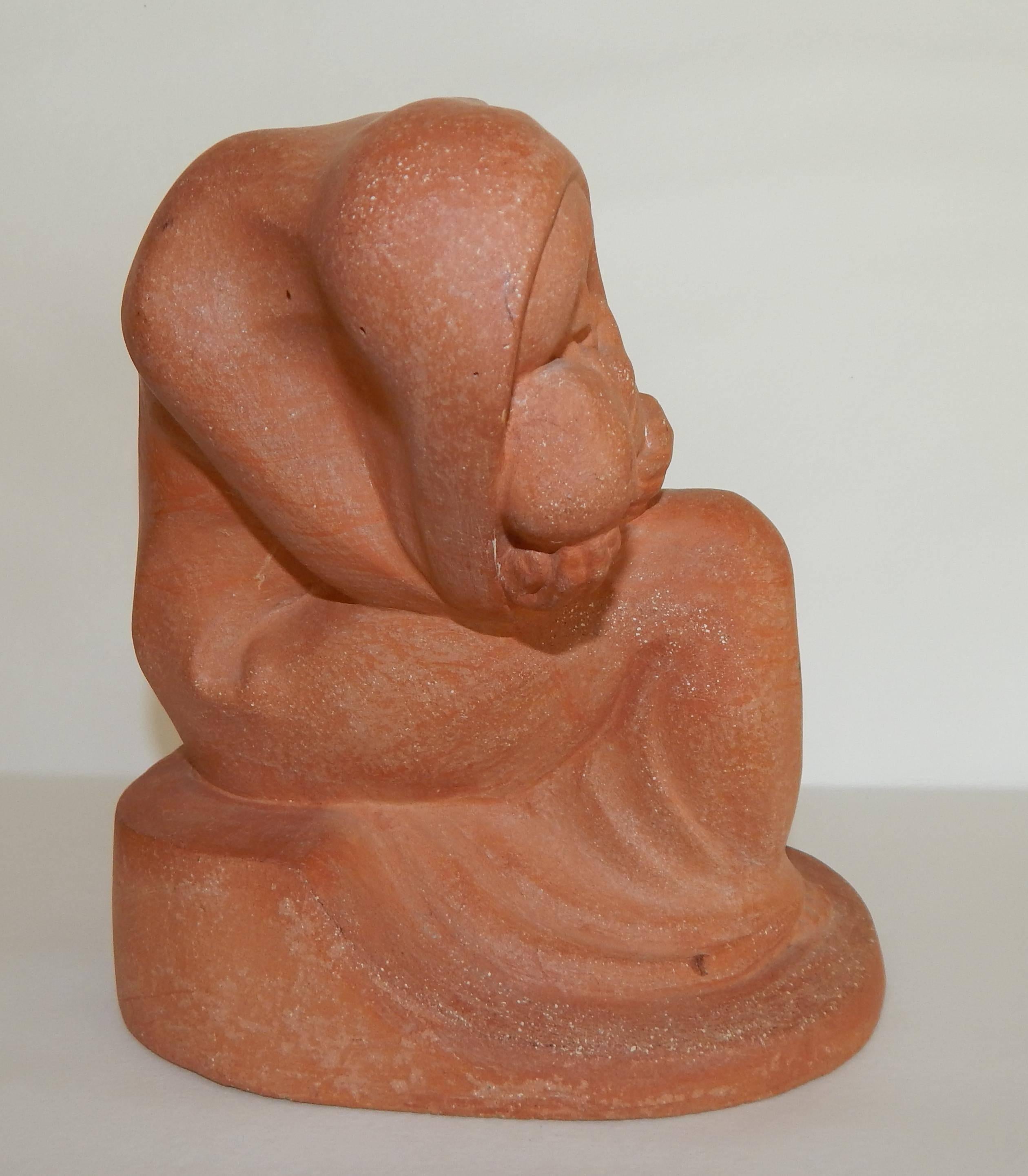 Terracotta sculpture by Bernhard Sopher (Syrian/American 1877-1949).
Clay figure of mother and child. Signed on the lower back: B. Sopher.
Measures: 7 1/2