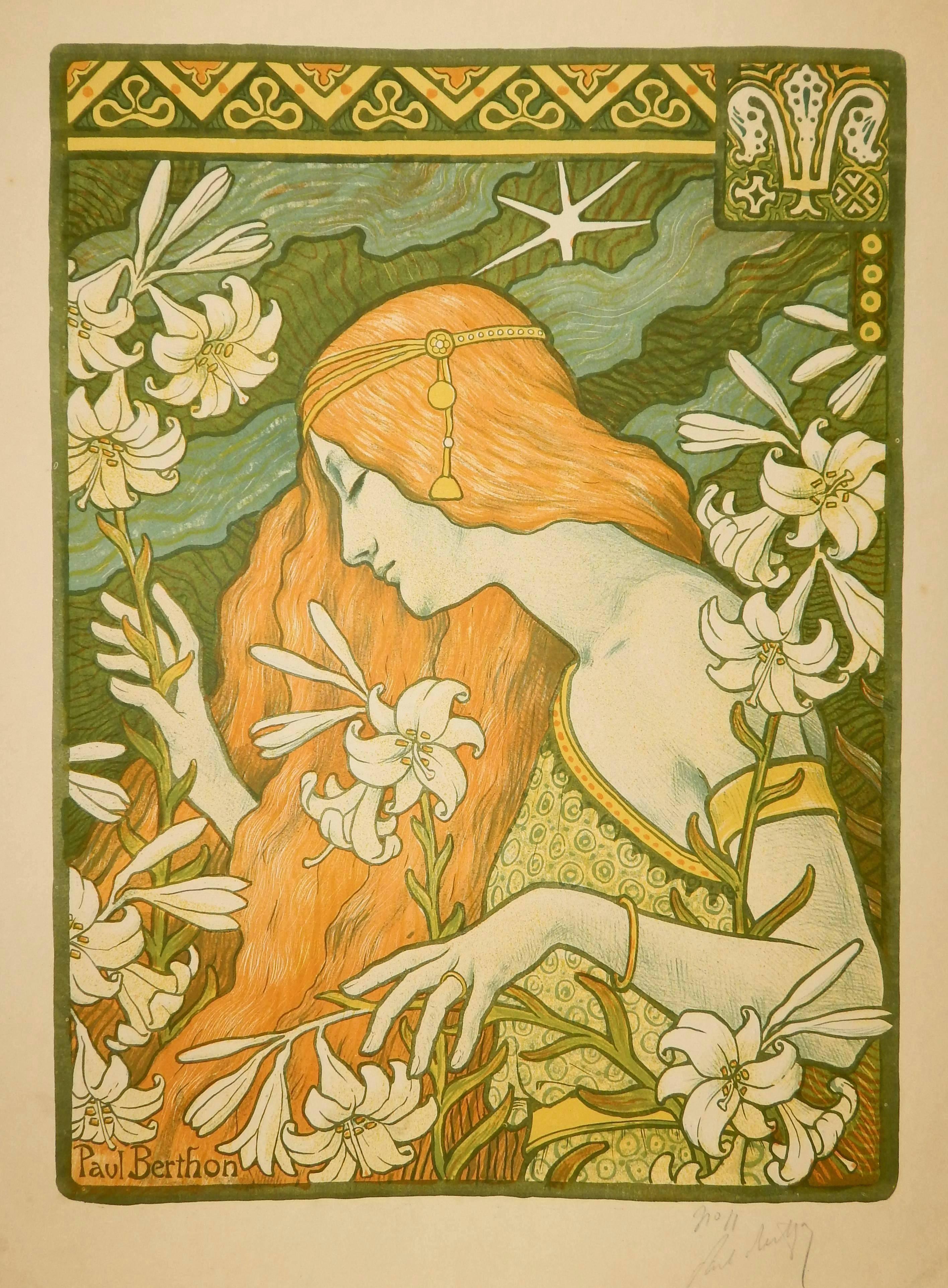 Paul Emile Berthon (1872-1909) Original-Lithographie mit dem Titel: L'Ermitage. 
Das Bild misst 18 ½ x 13 3/4
Papierformat: 22 1/8 x 16 3/8
Signiert mit Bleistift unten rechts 