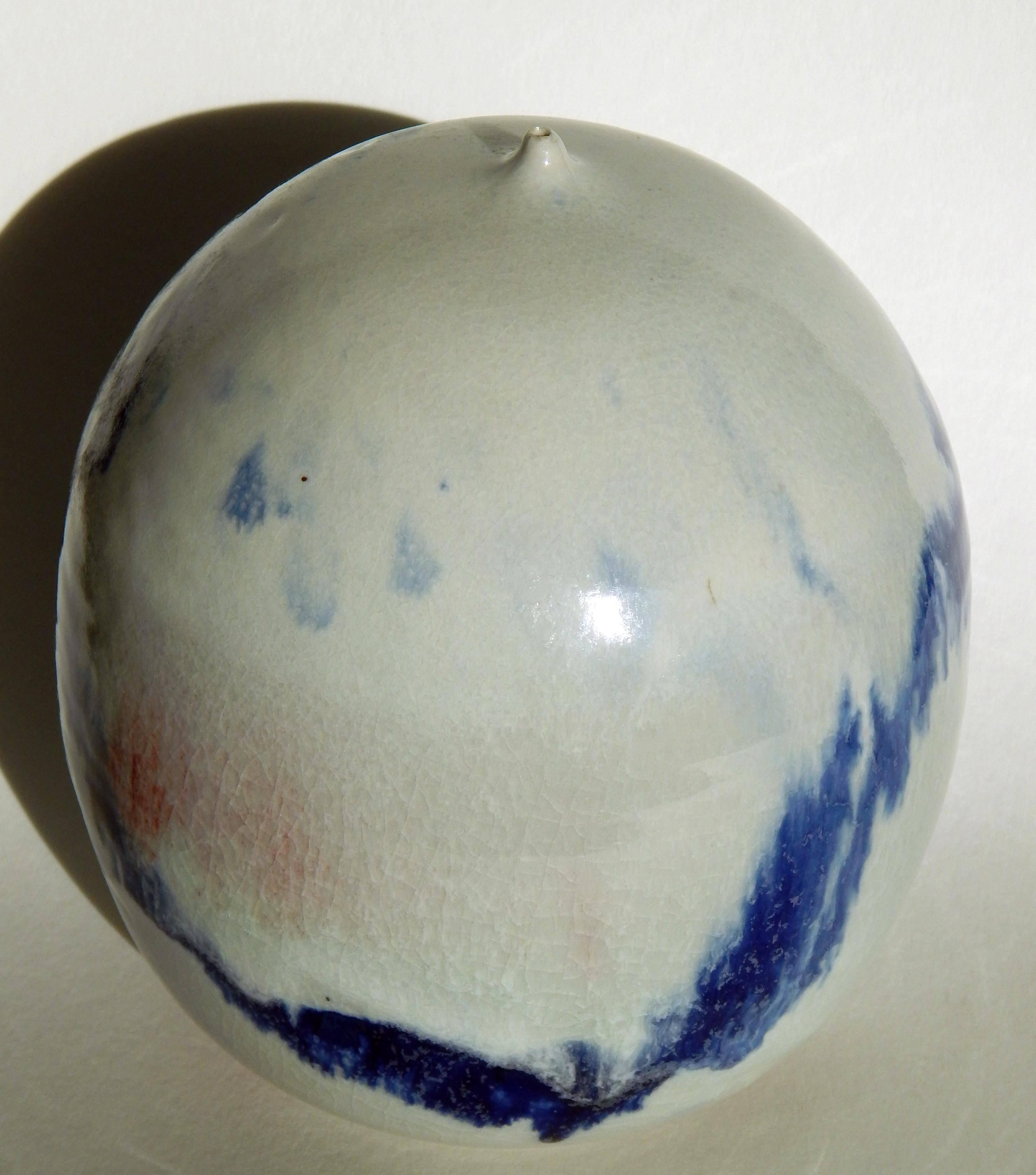 Turned Toshiko Takeazu Moon Pot in Blue and White, circa 1970s