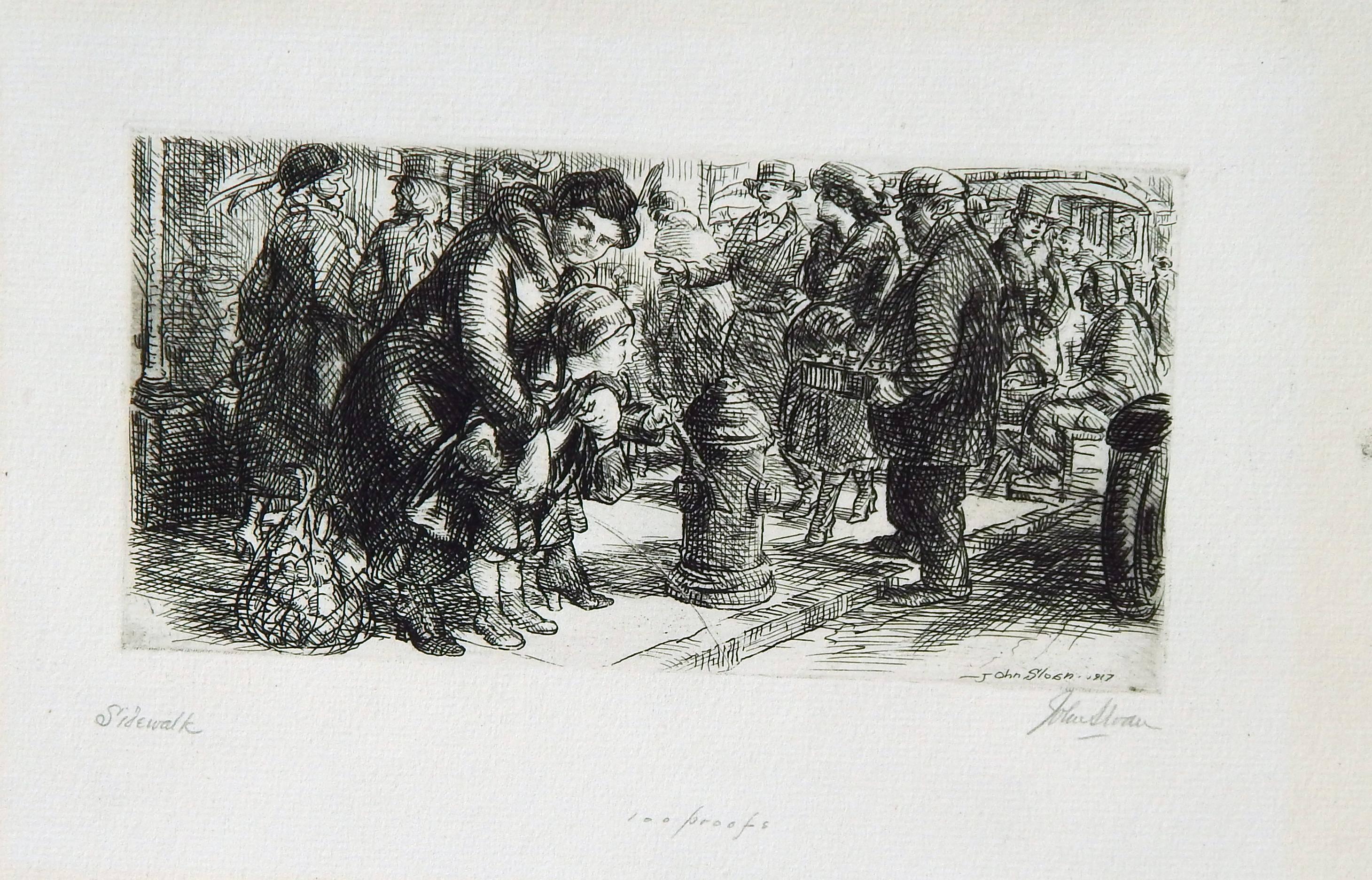 Original etching by John Sloan (1871-1951)
In good condition, framed. 
Depicts a mother helping her child pee in the street, 1917.
Image measures approx. 3 1/4